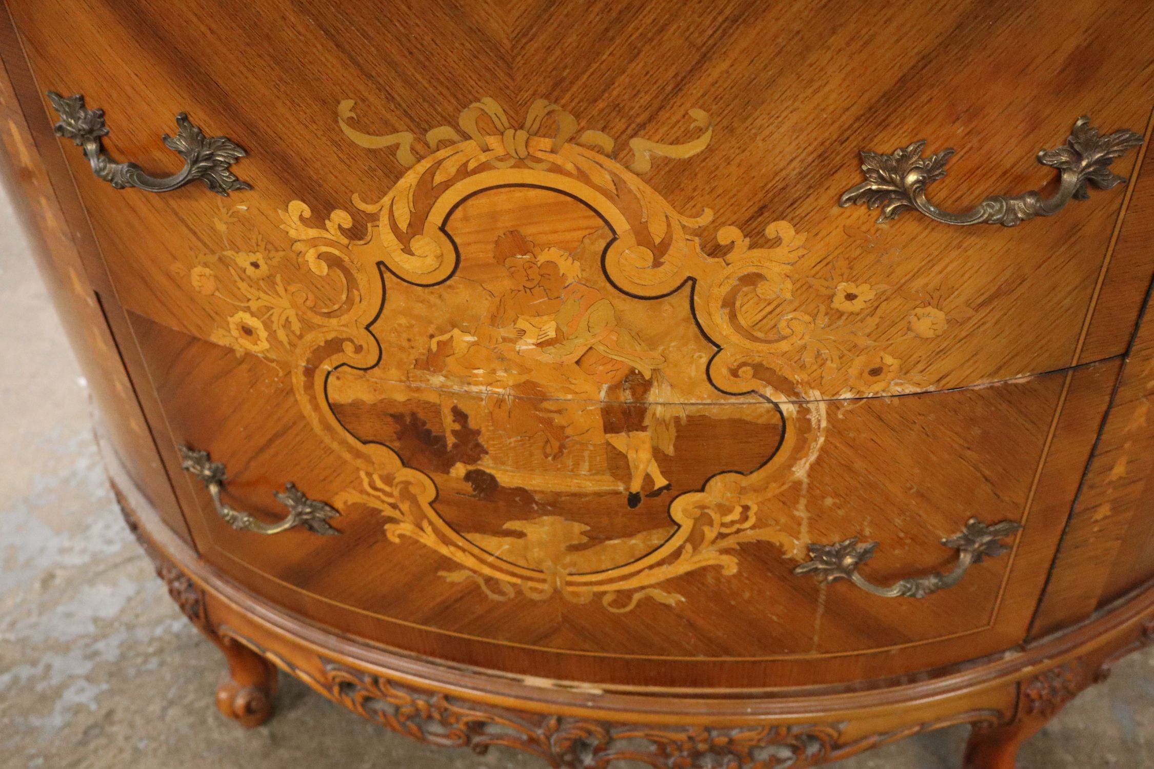 Antq FR Demilune MT Inlaid Satinwood 3-Dr Commode