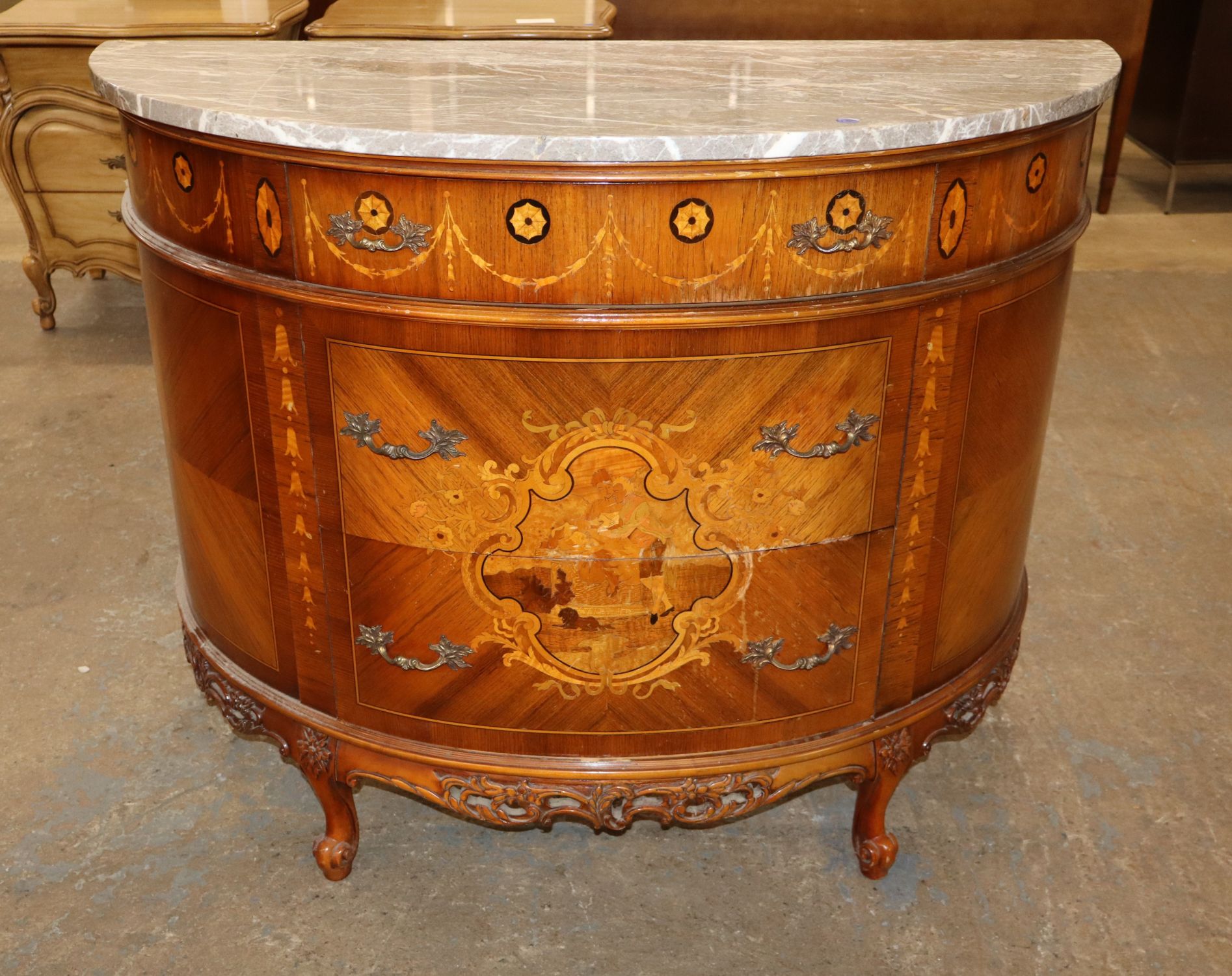 Antq FR Demilune MT Inlaid Satinwood 3-Dr Commode