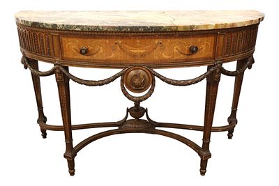 Antq Crvd Demilune MT Satinwood Inlaid 1-Dr Console. Antique carved and fancy demilune satinwood 