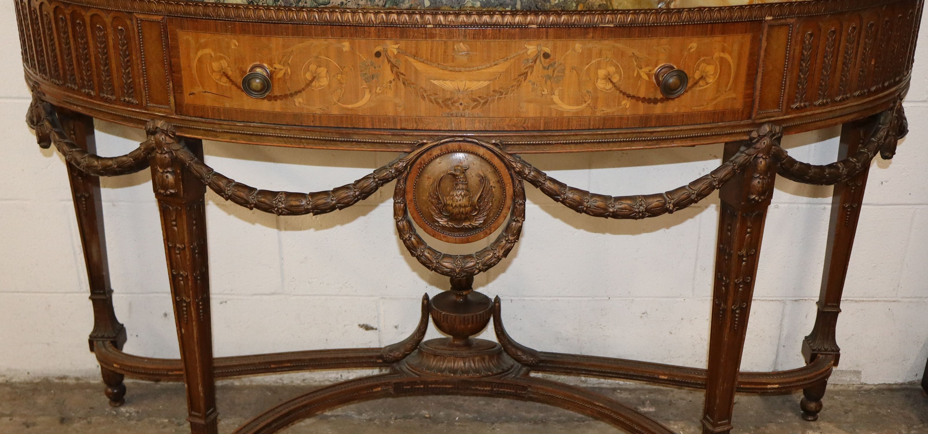 Antq Crvd Demilune MT Satinwood Inlaid 1-Dr Console