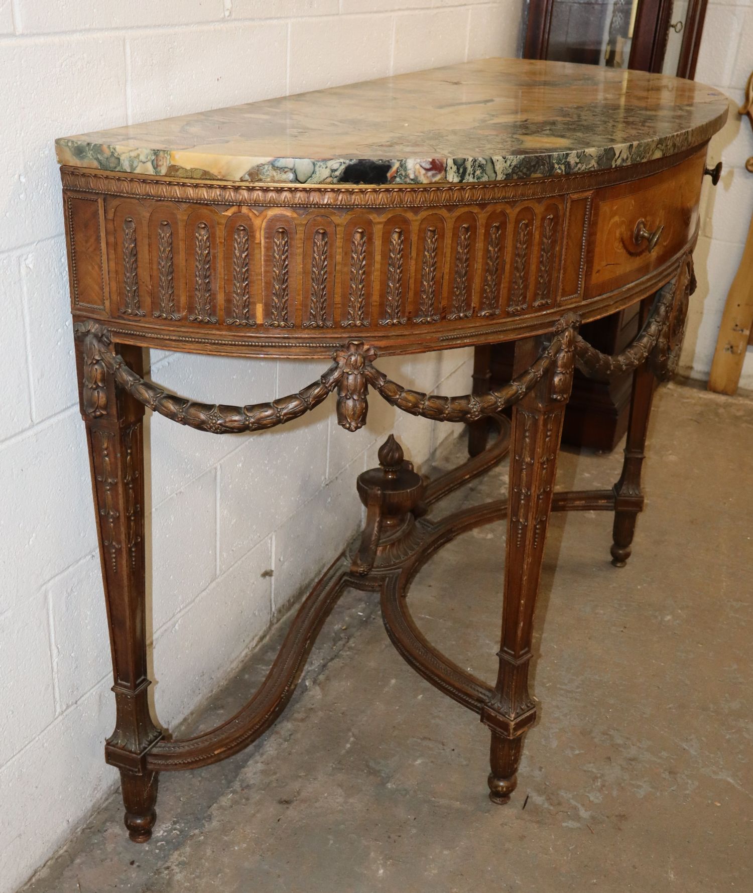 Antq Crvd Demilune MT Satinwood Inlaid 1-Dr Console