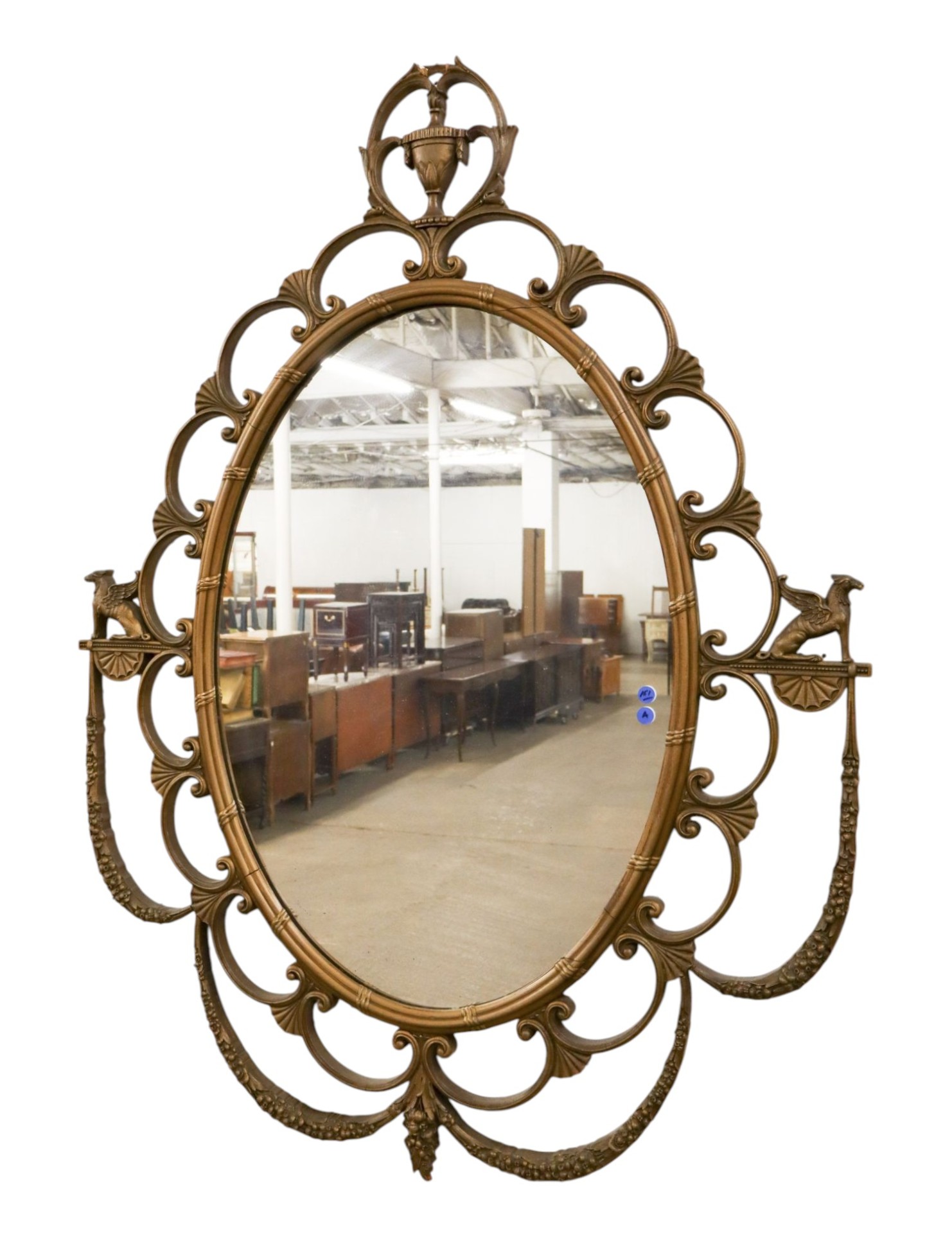 Antq Wood Gesso Winged Griffin Urn Crvd Hanging Mirror