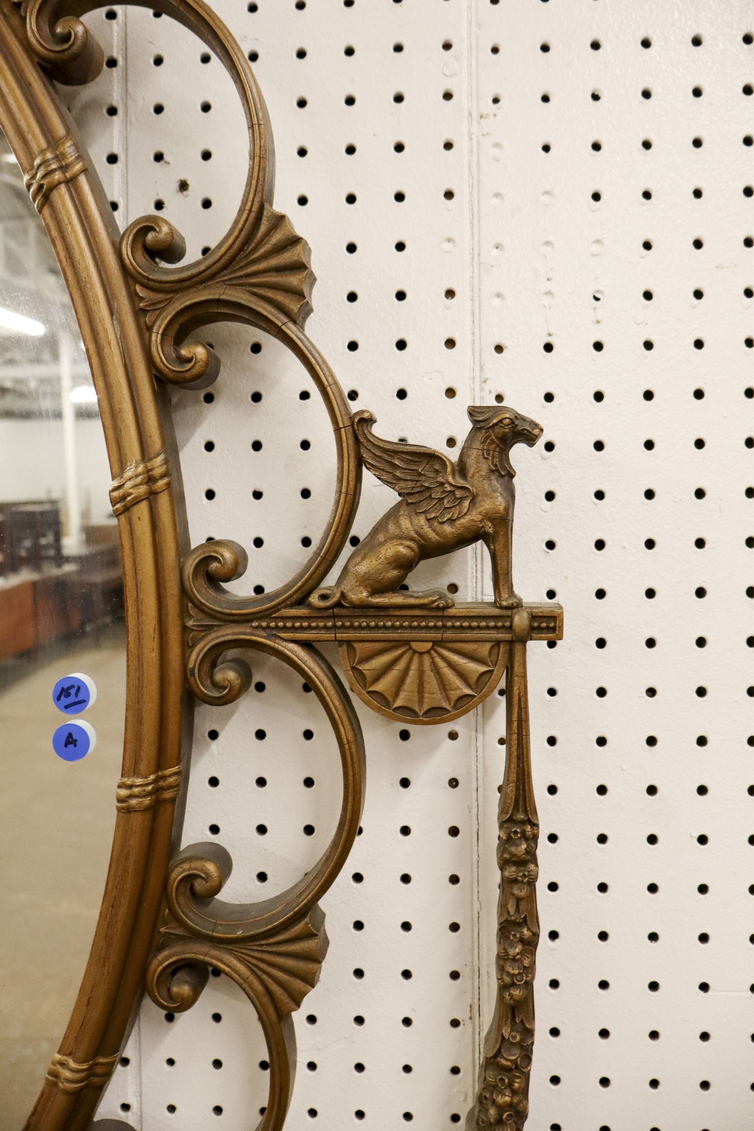 Antq Wood Gesso Winged Griffin Urn Crvd Hanging Mirror