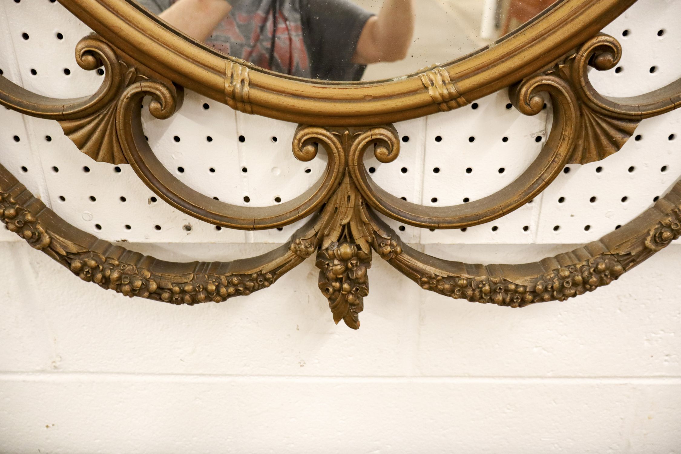 Antq Wood Gesso Winged Griffin Urn Crvd Hanging Mirror