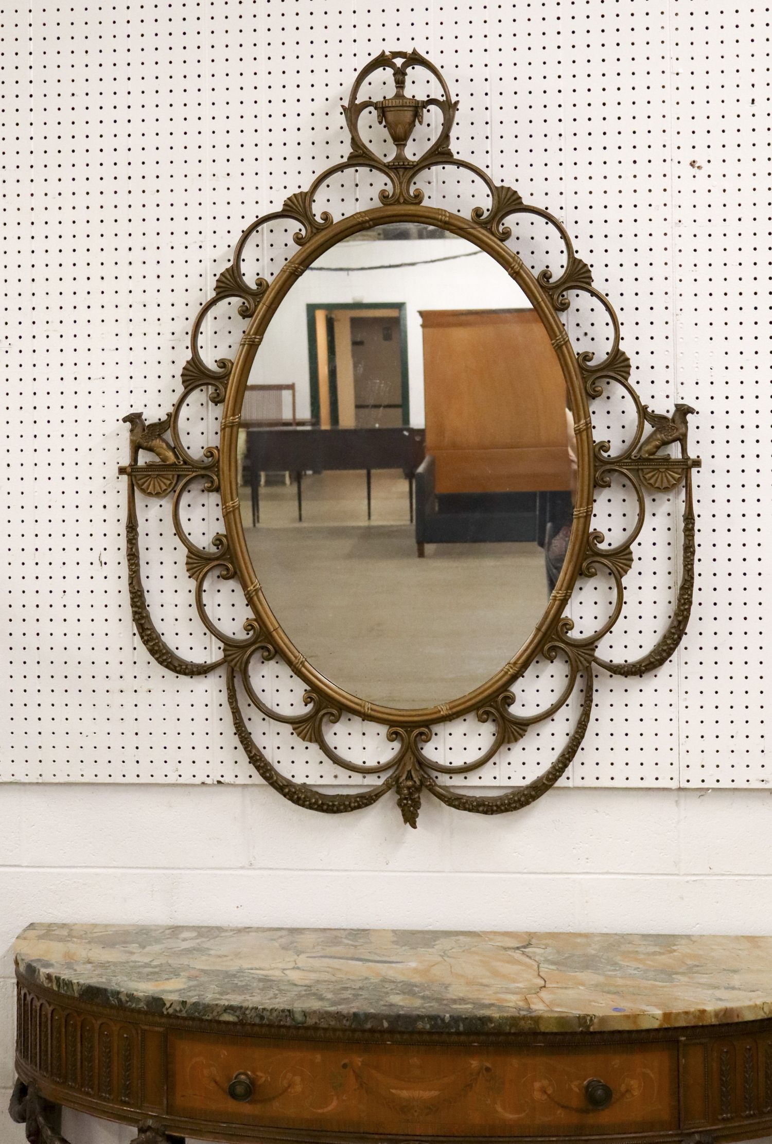 Antq Wood Gesso Winged Griffin Urn Crvd Hanging Mirror