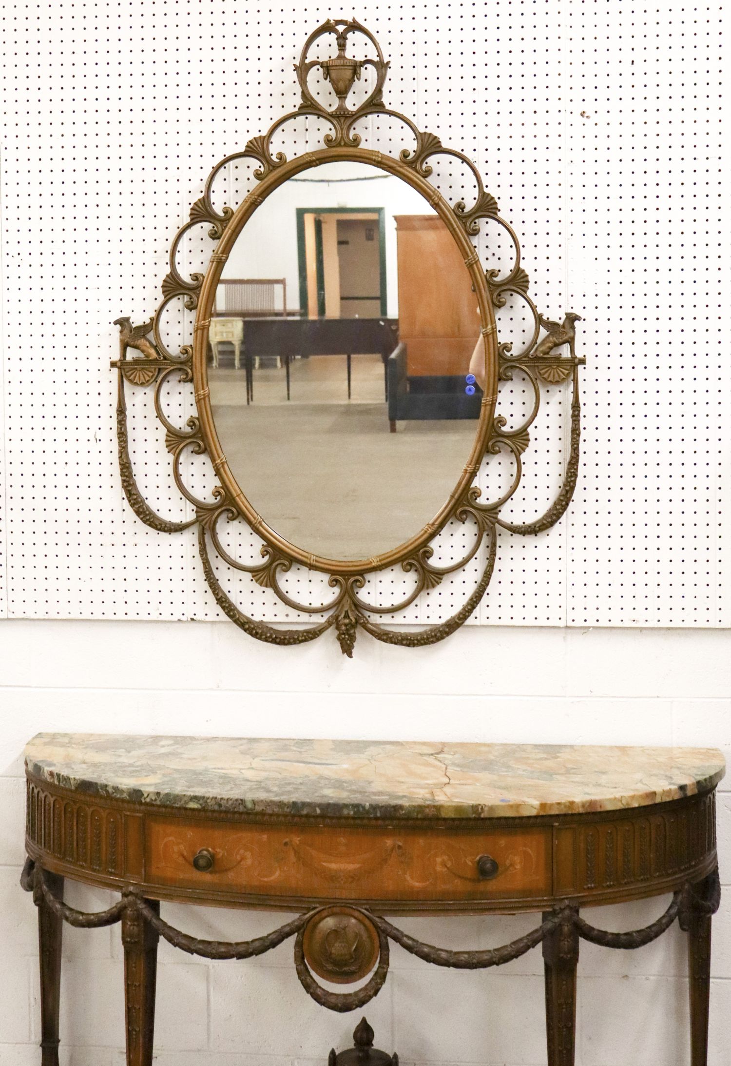 Antq Wood Gesso Winged Griffin Urn Crvd Hanging Mirror