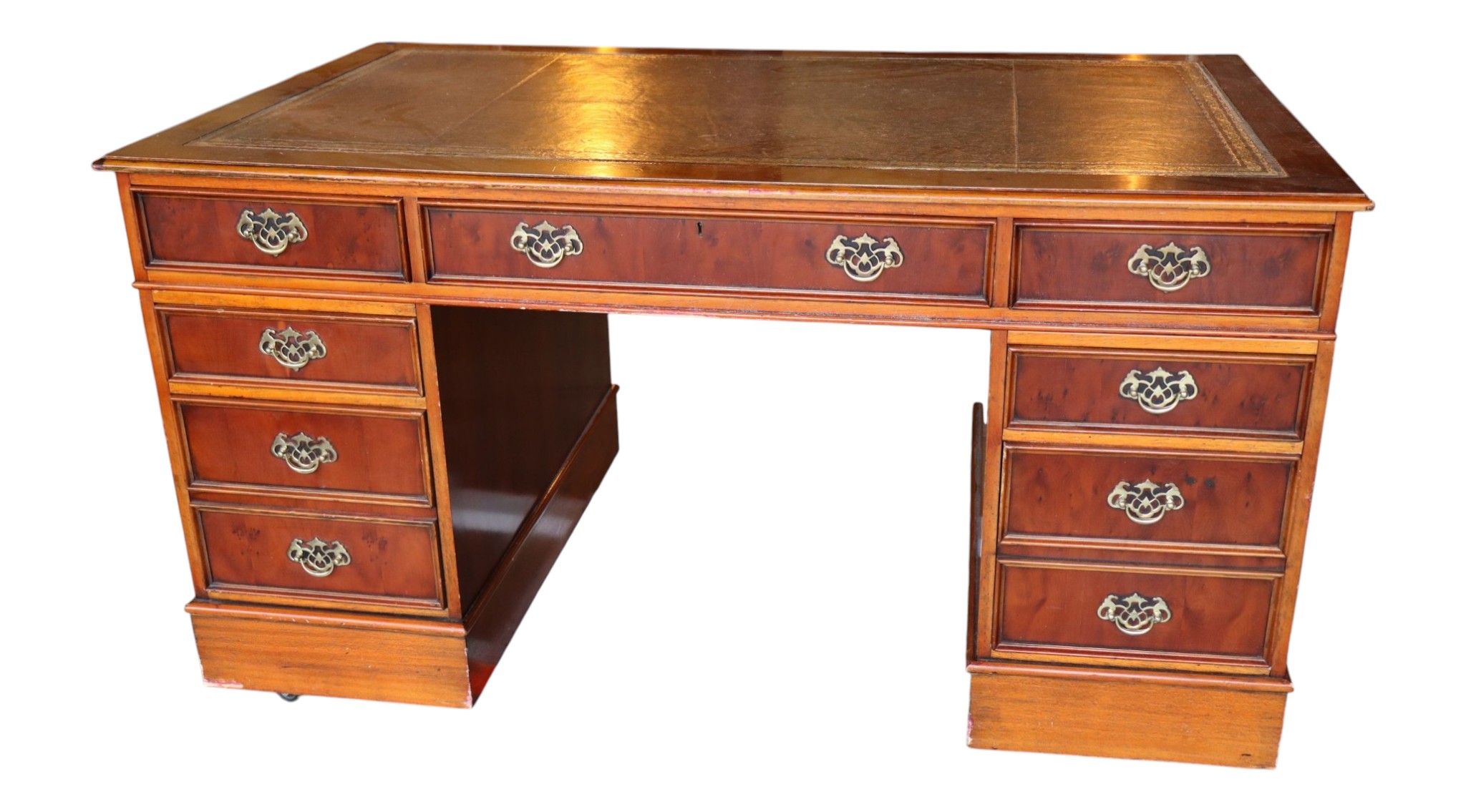 VTG English Style LT Yew Wood 3pc Exec Desk Orig Fin