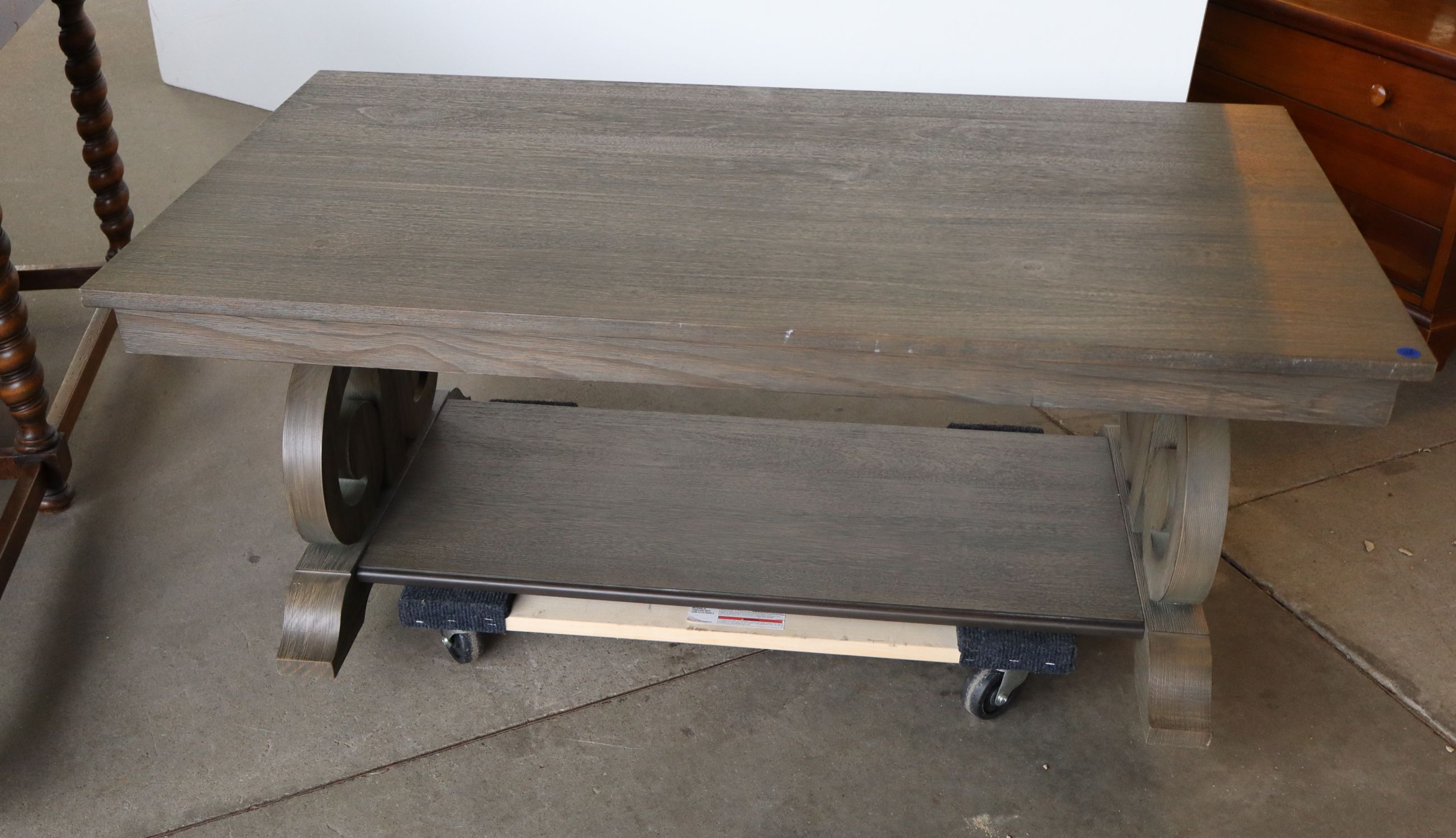 Contemp Grey Wash Scroll Side Coffee Table Orig Fin