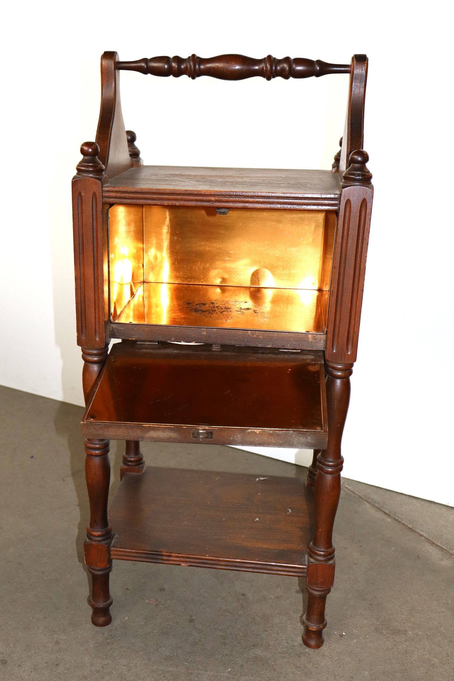 Antq Copper Lined Walnut Smoke Stand Orig Finish