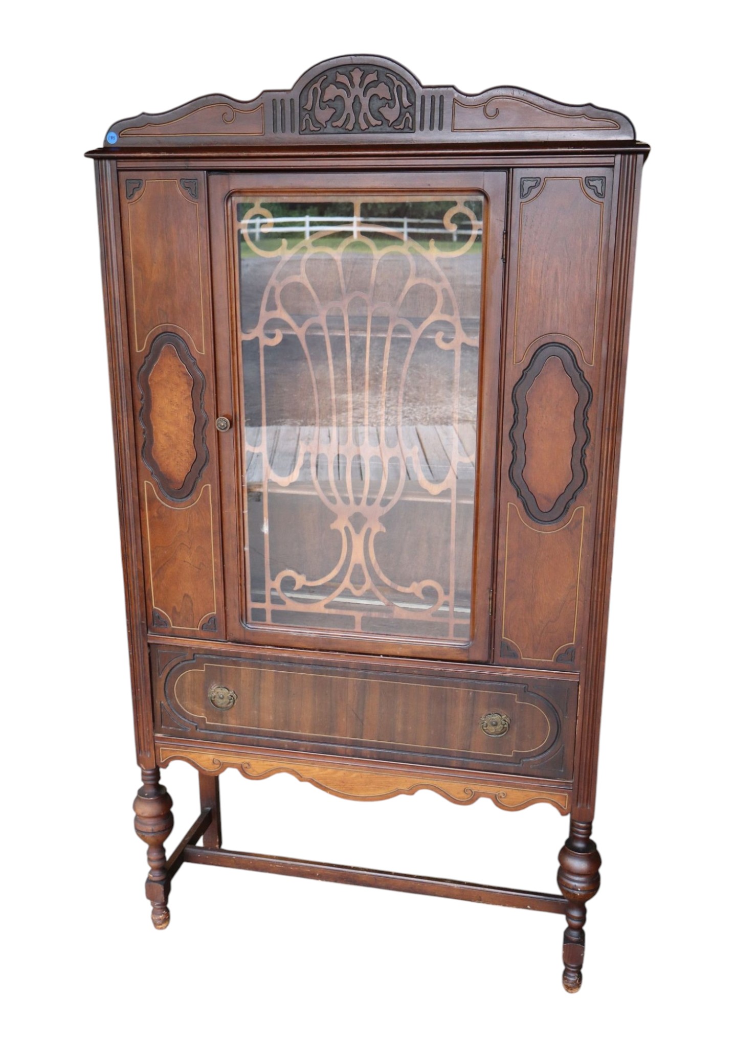 Antq Walnut Two Tone 1-Door 1-Dr China Cabinet Orig