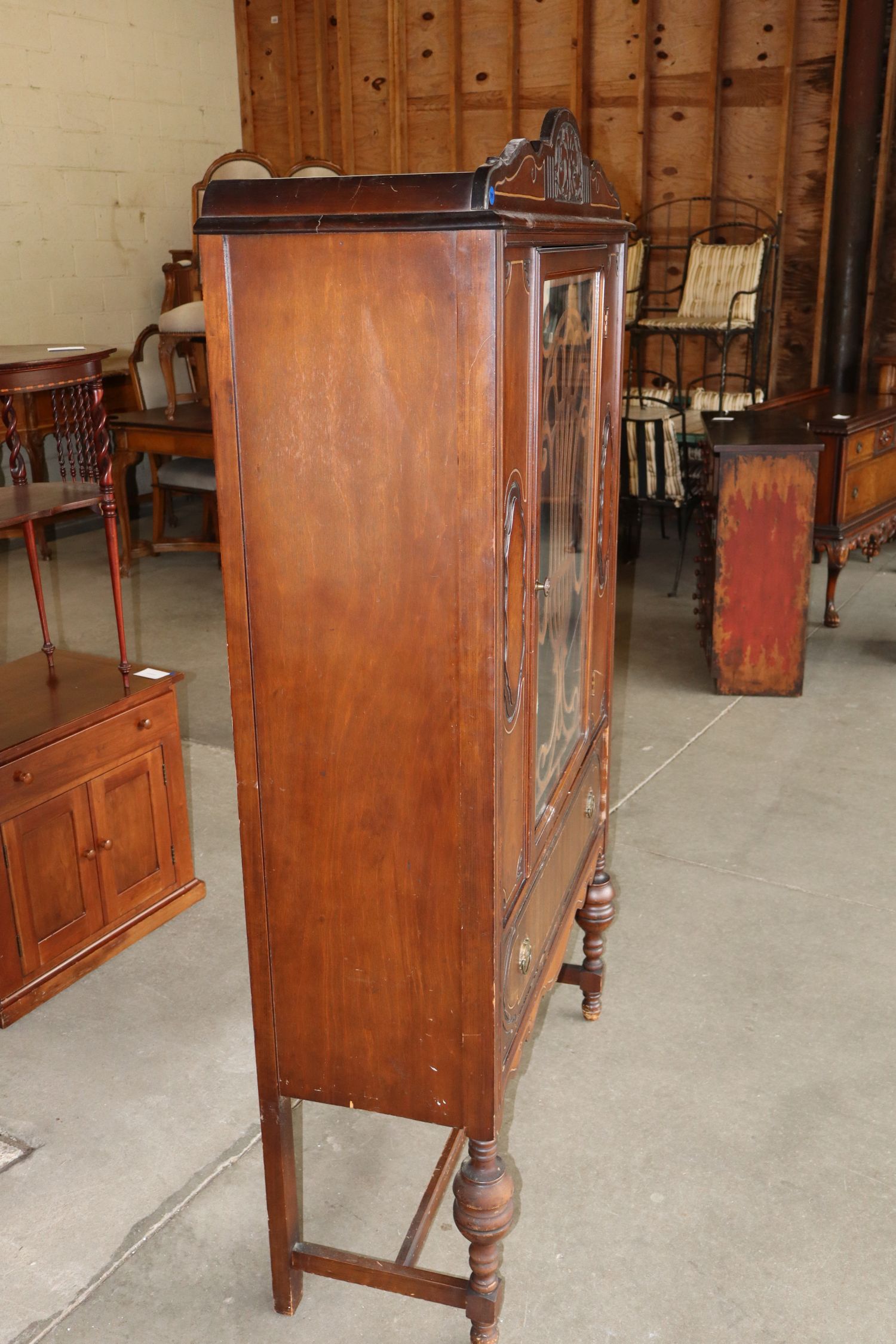 Antq Walnut Two Tone 1-Door 1-Dr China Cabinet Orig