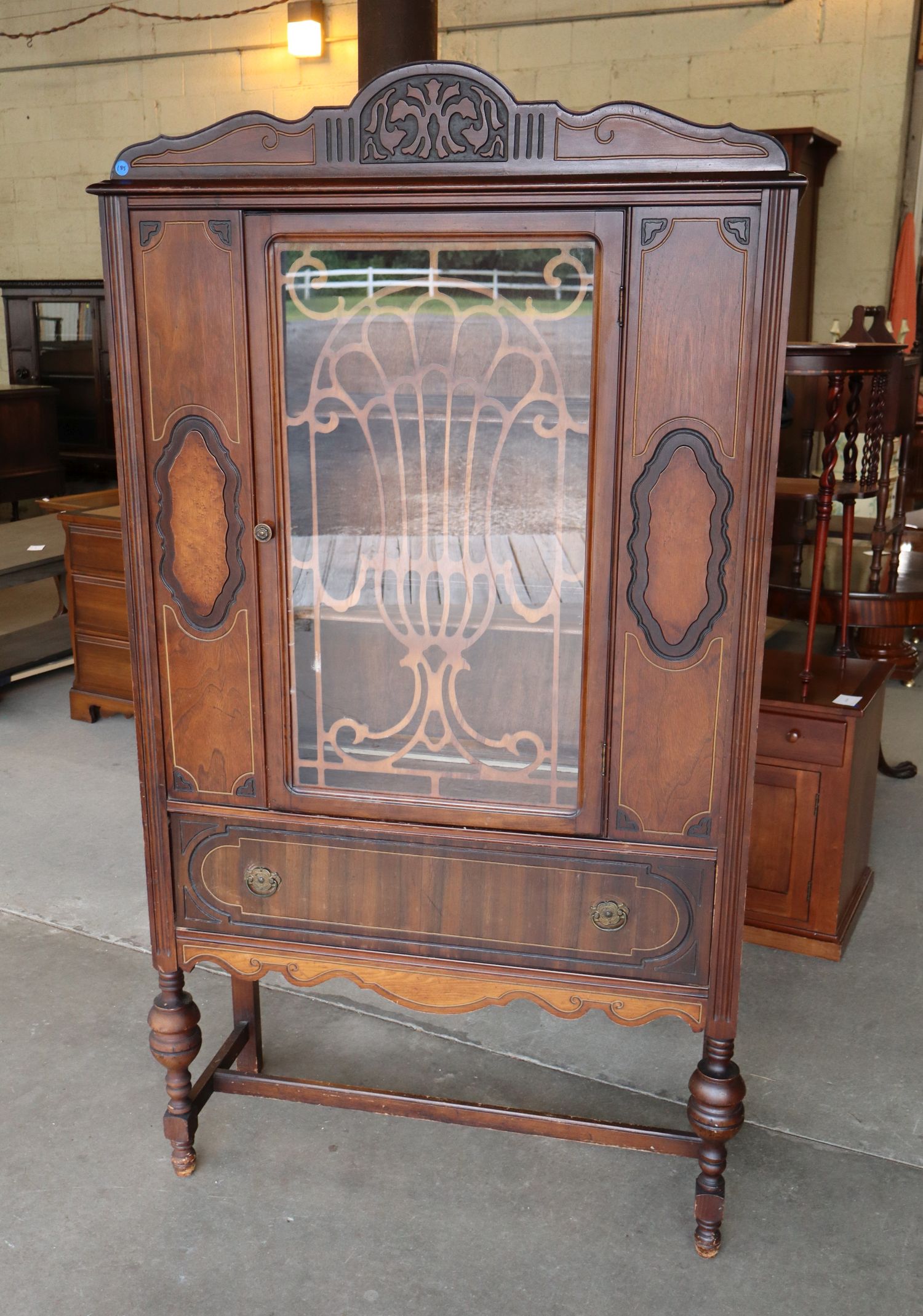Antq Walnut Two Tone 1-Door 1-Dr China Cabinet Orig