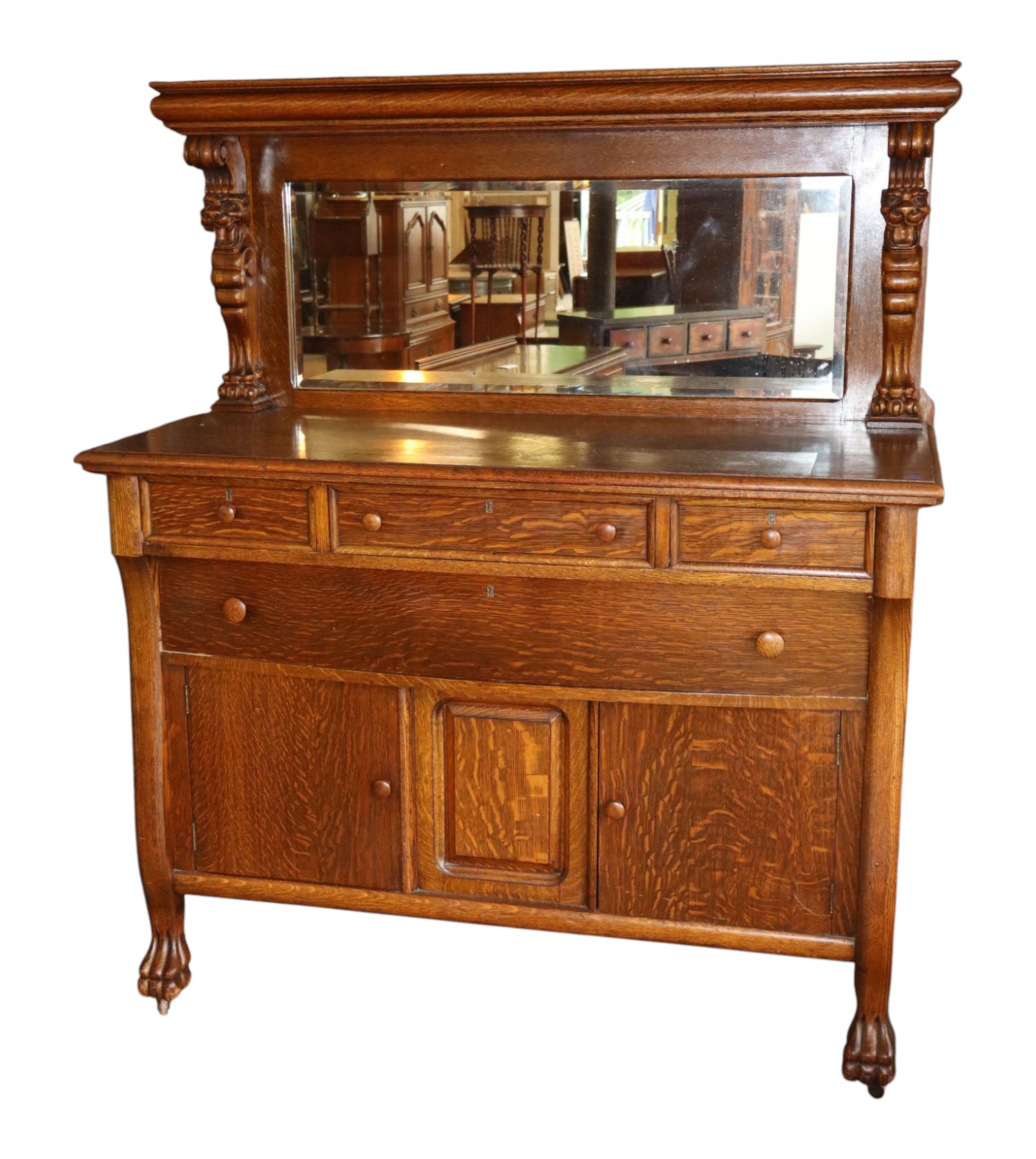 Antq Oak Lion Head Bevel Mirror Paw Foot Buffet Orig
