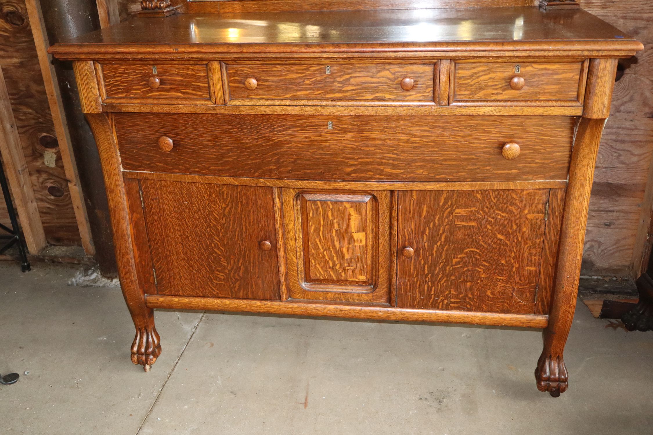 Antq Oak Lion Head Bevel Mirror Paw Foot Buffet Orig