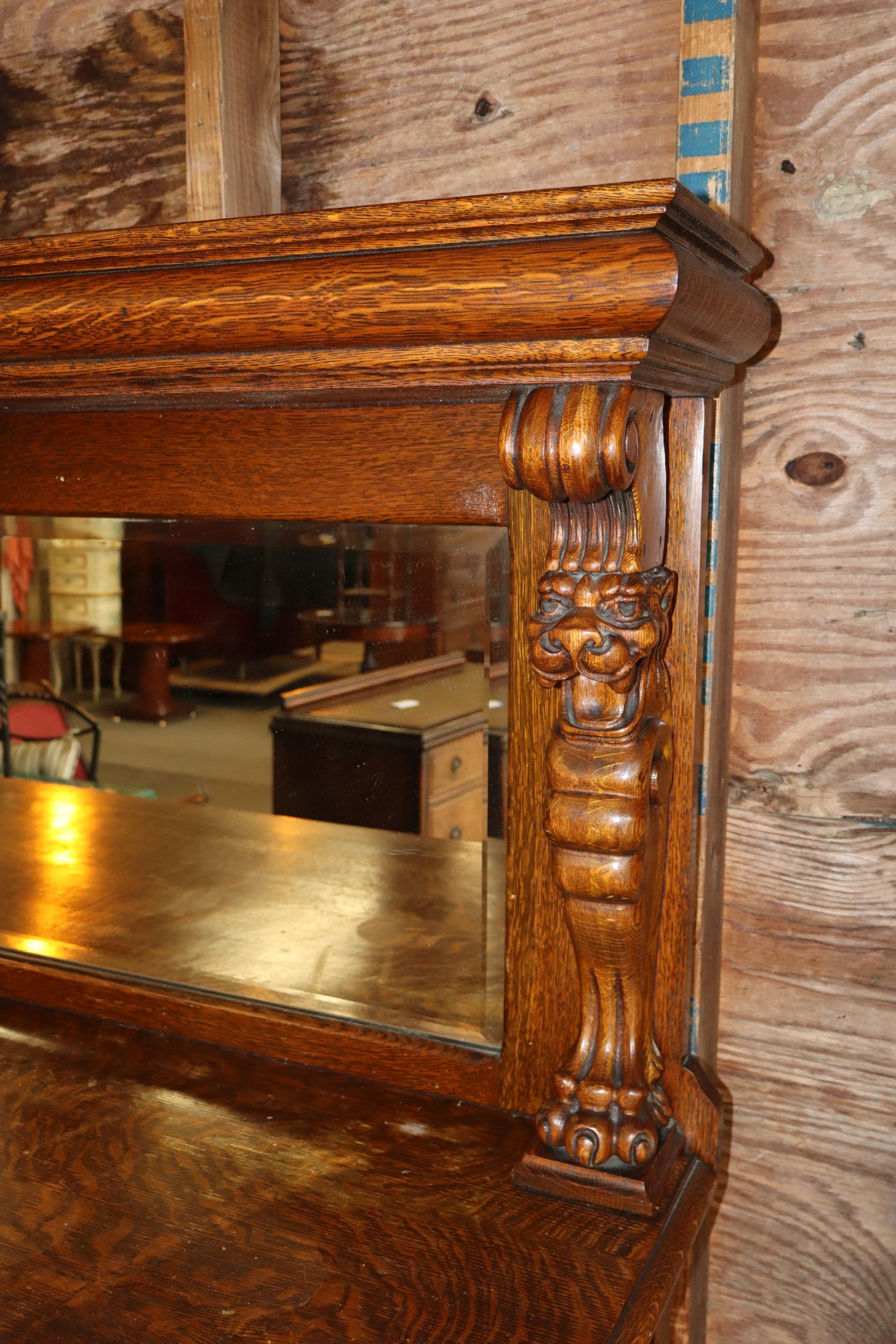 Antq Oak Lion Head Bevel Mirror Paw Foot Buffet Orig