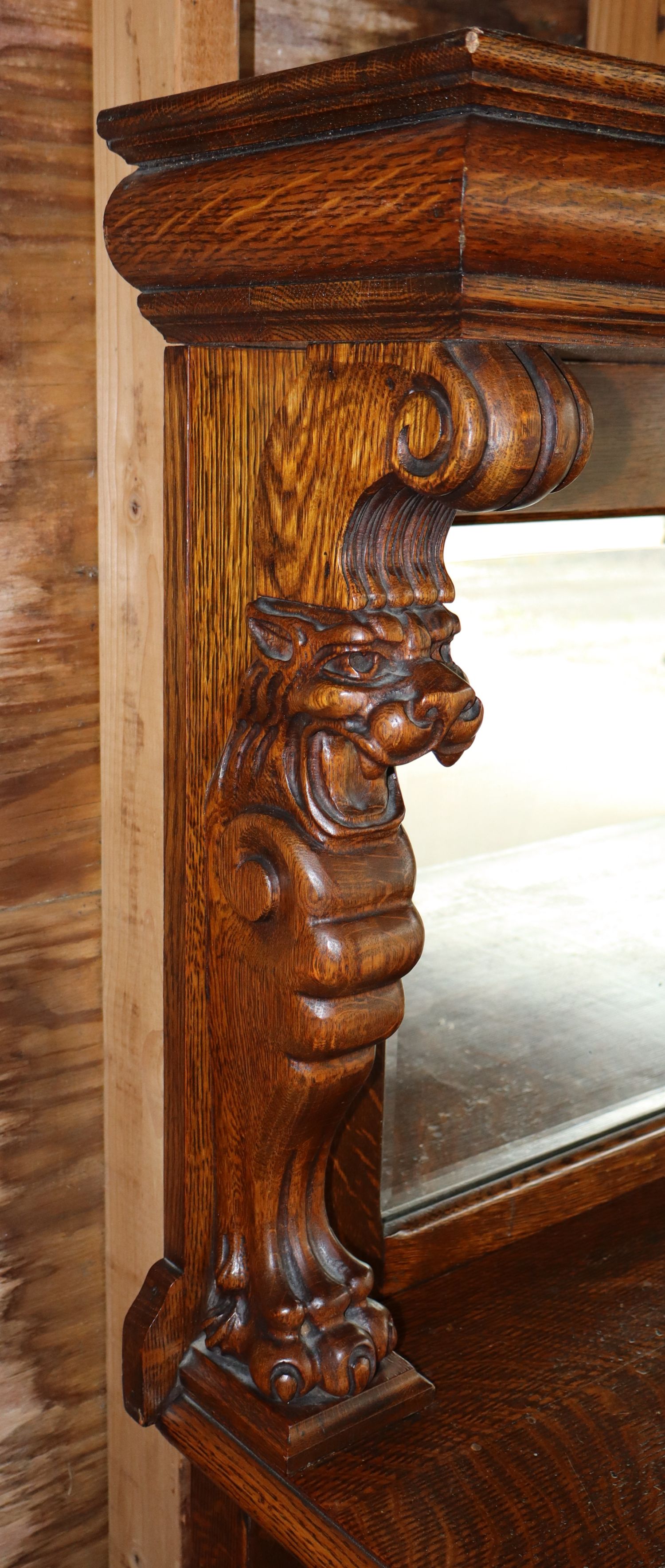 Antq Oak Lion Head Bevel Mirror Paw Foot Buffet Orig