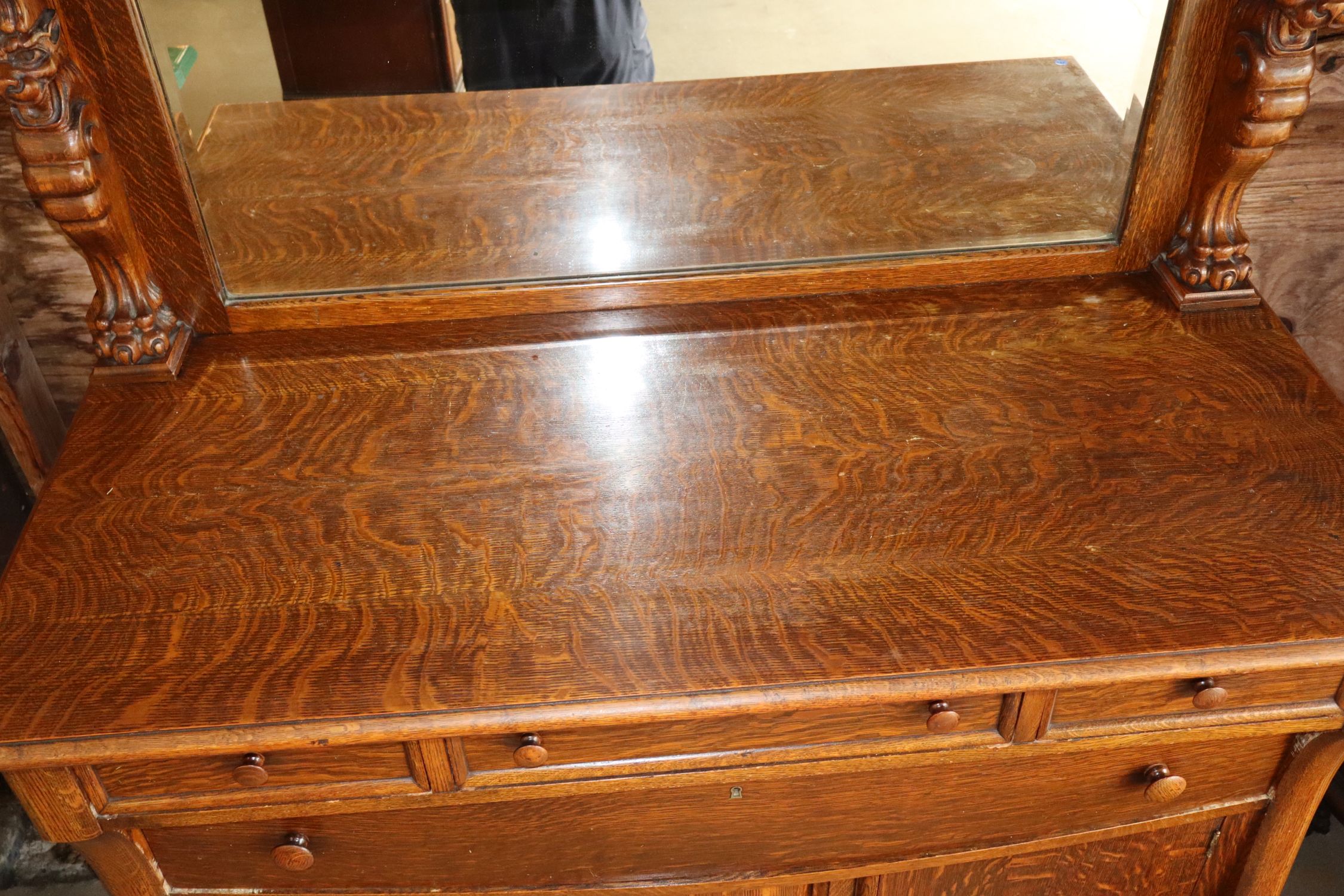 Antq Oak Lion Head Bevel Mirror Paw Foot Buffet Orig
