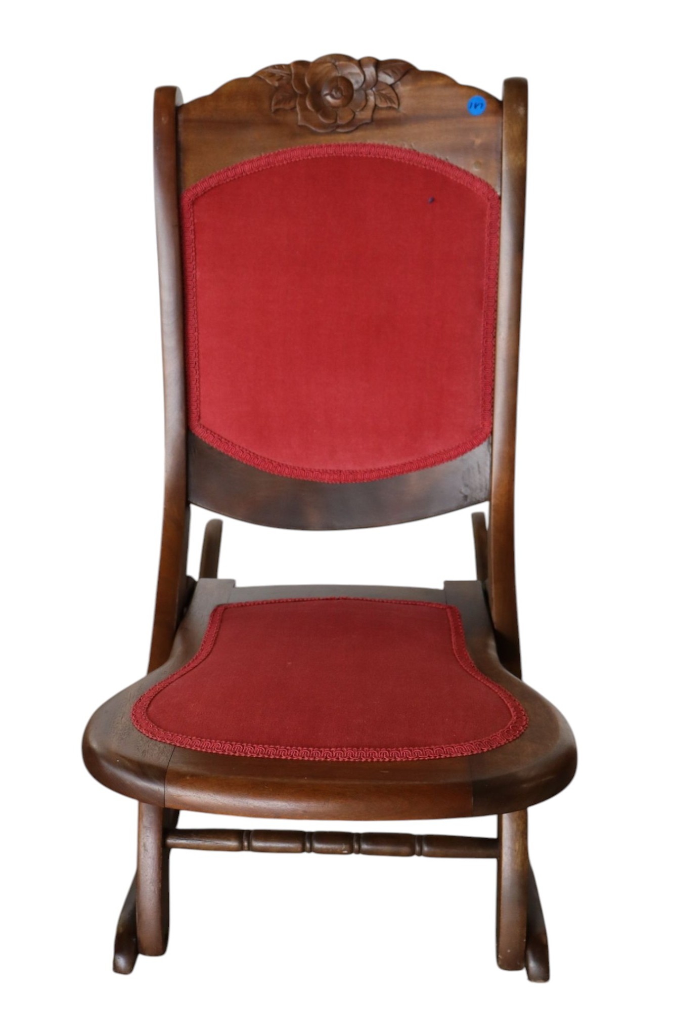 VTG Rose Crvd Mahog Folding Rocking Chair Orig Fin
