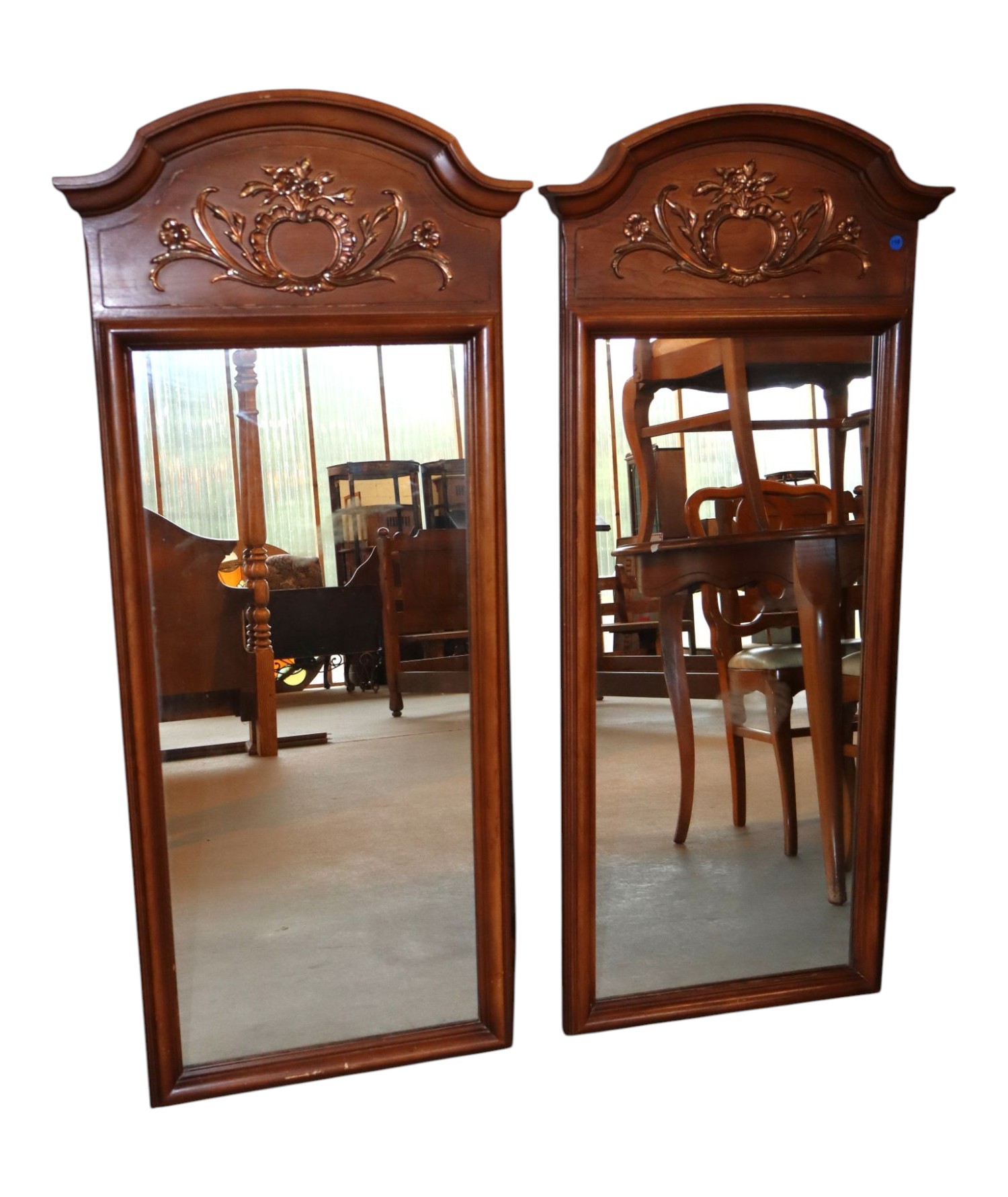 Pr VTG Mid Century Flower Walnut Finish Mirrors