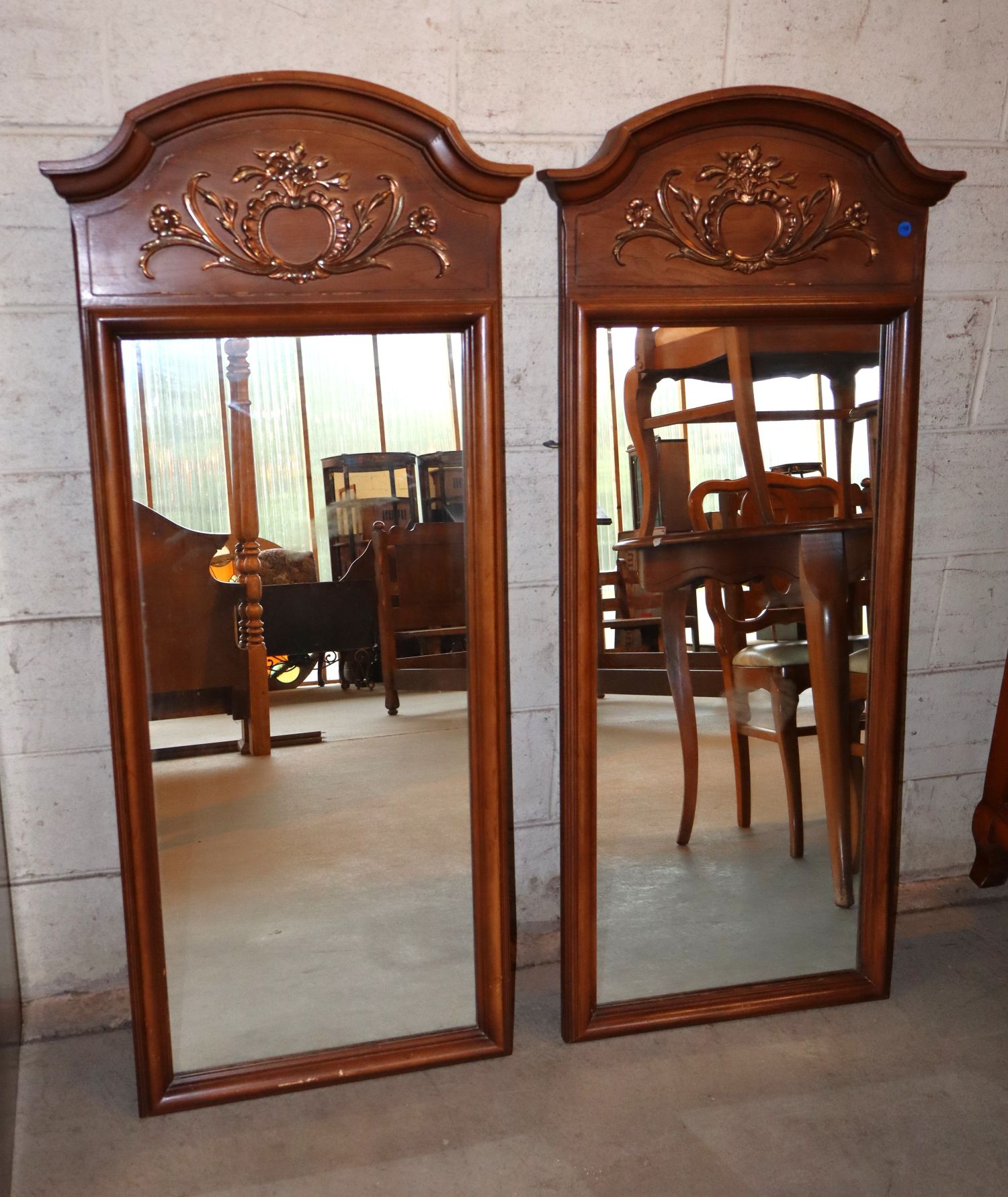 Pr VTG Mid Century Flower Walnut Finish Mirrors