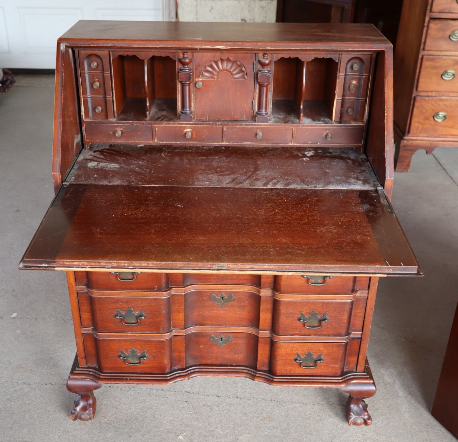 VTG Solid Mahog Block Front Claw Foot Secretary Orig