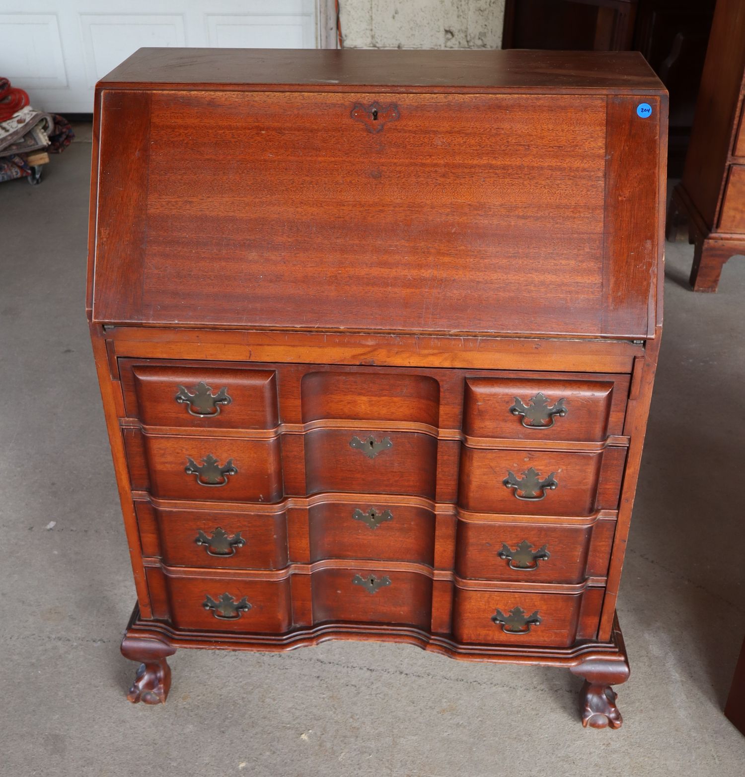 VTG Solid Mahog Block Front Claw Foot Secretary Orig