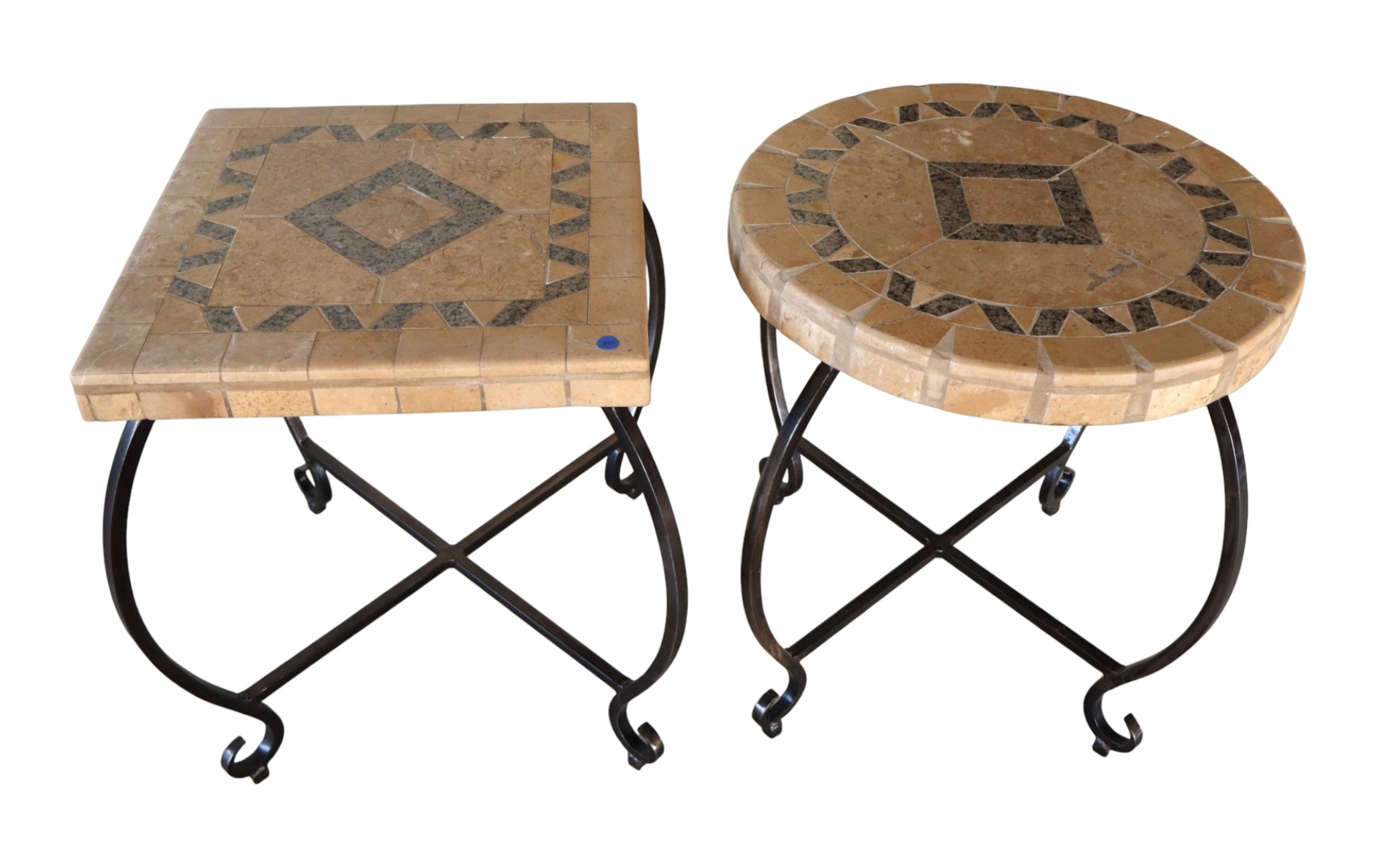 Pr Mosaic Granite Stone Top Iron Base Decor Tables