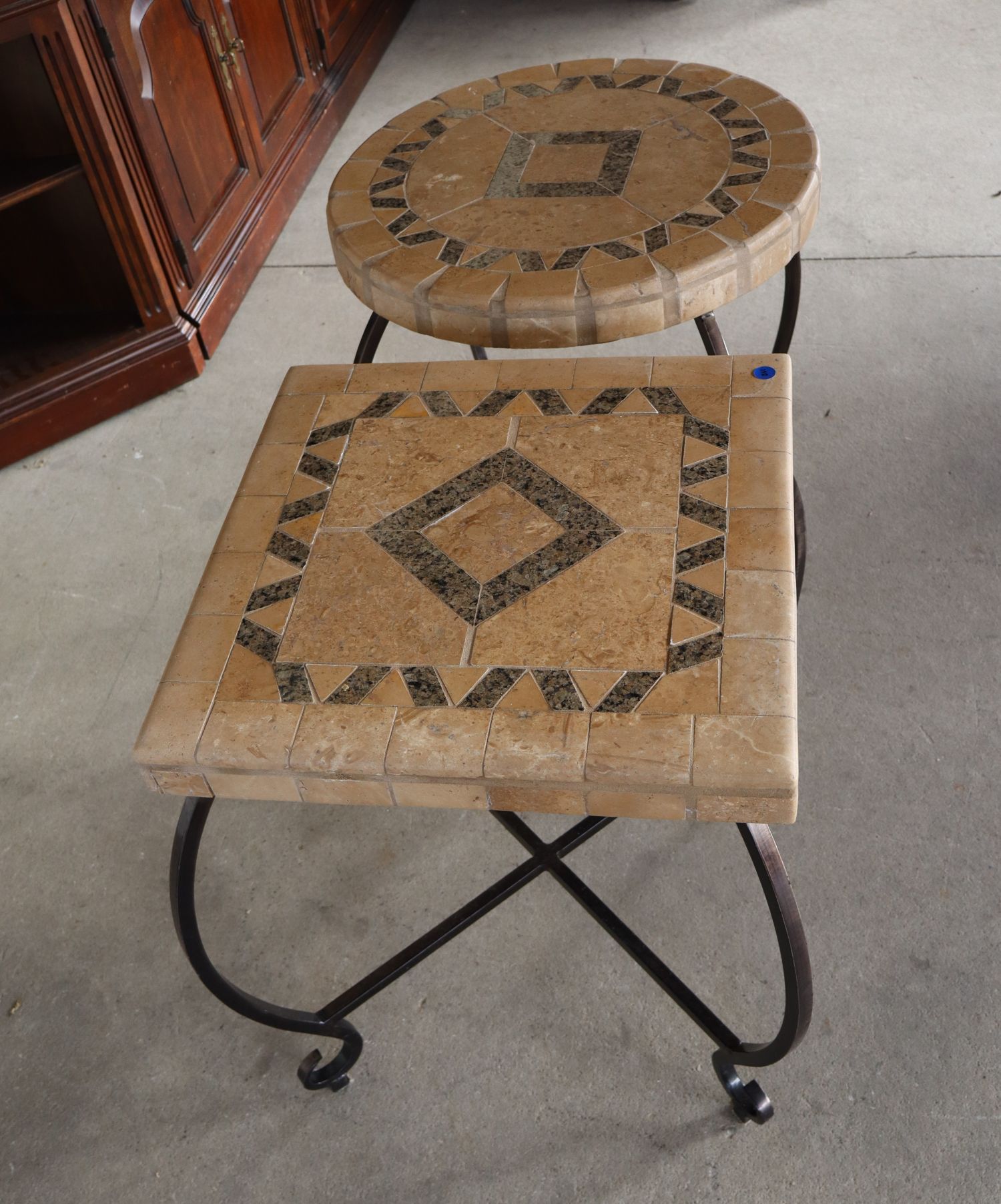 Pr Mosaic Granite Stone Top Iron Base Decor Tables
