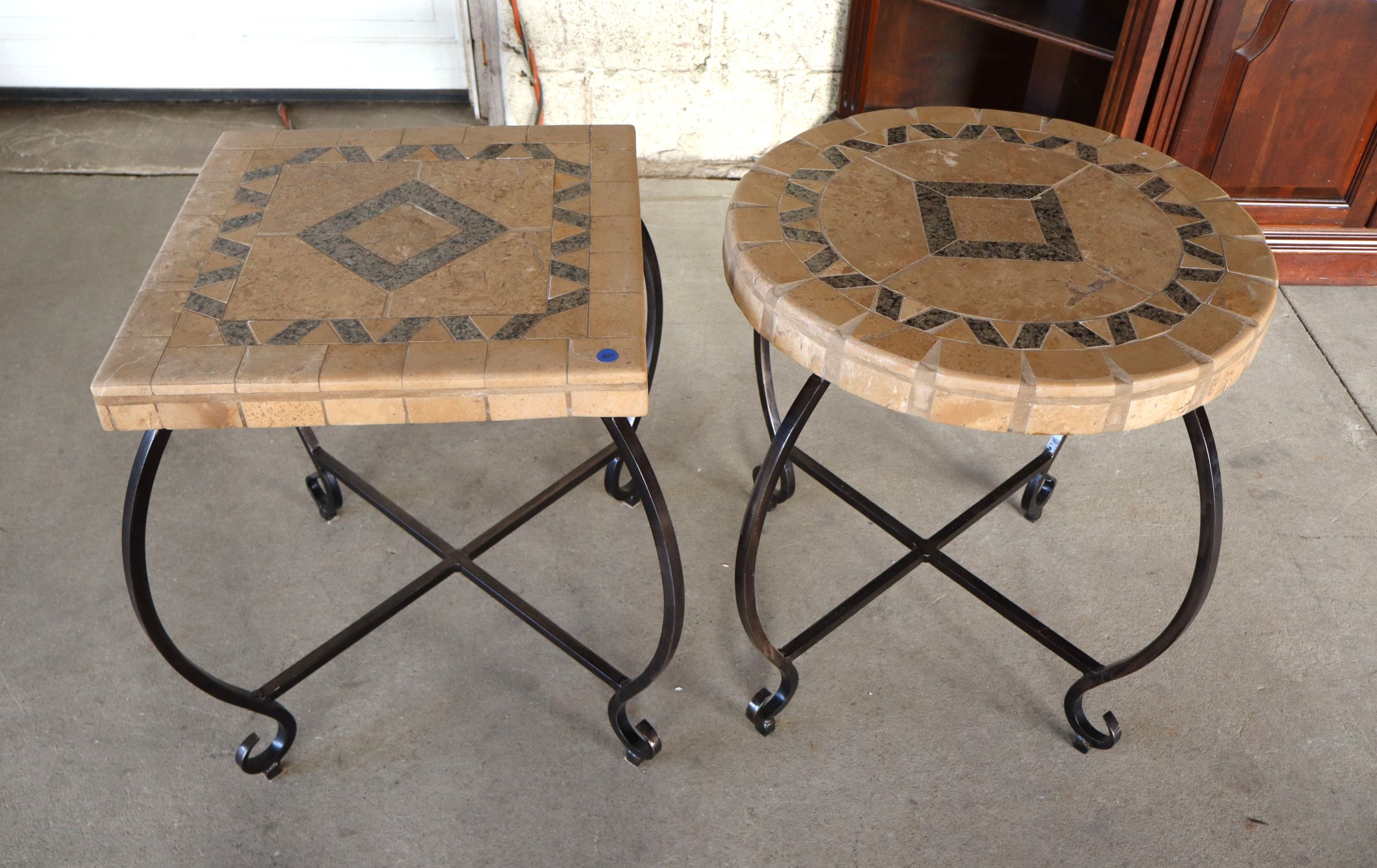 Pr Mosaic Granite Stone Top Iron Base Decor Tables