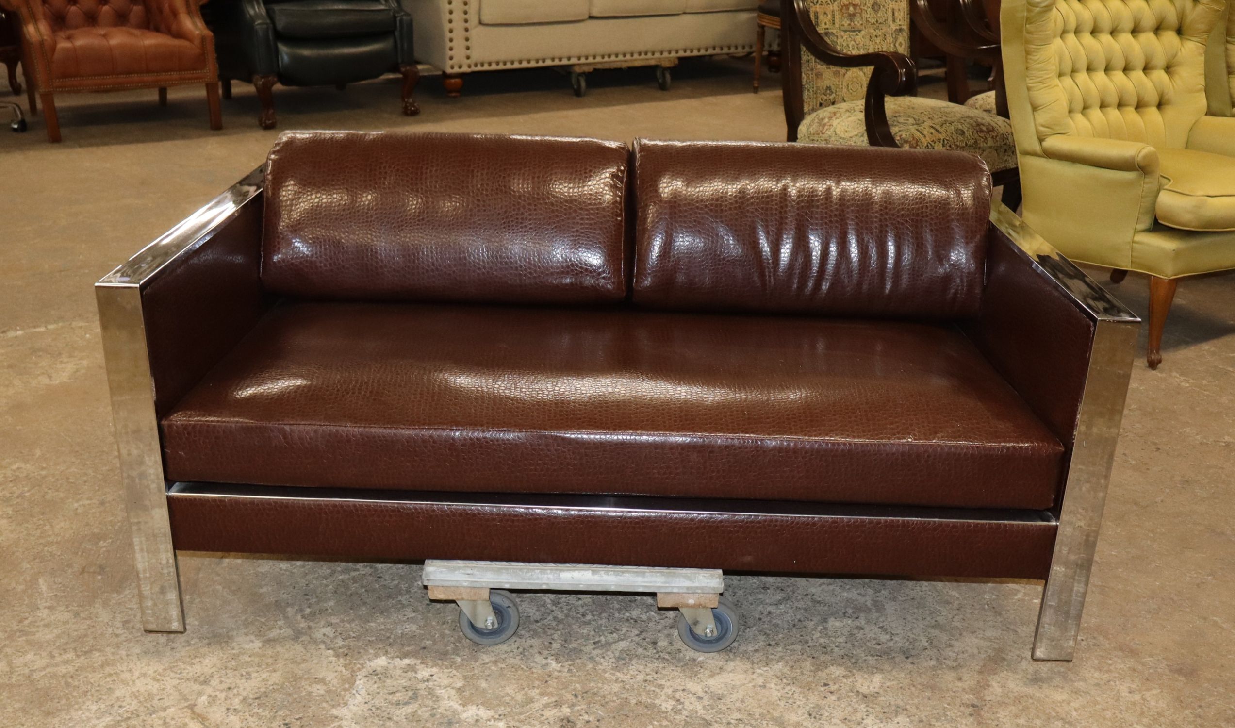MCM Milo Baughman Style Chrome Ostrich Uph Settee