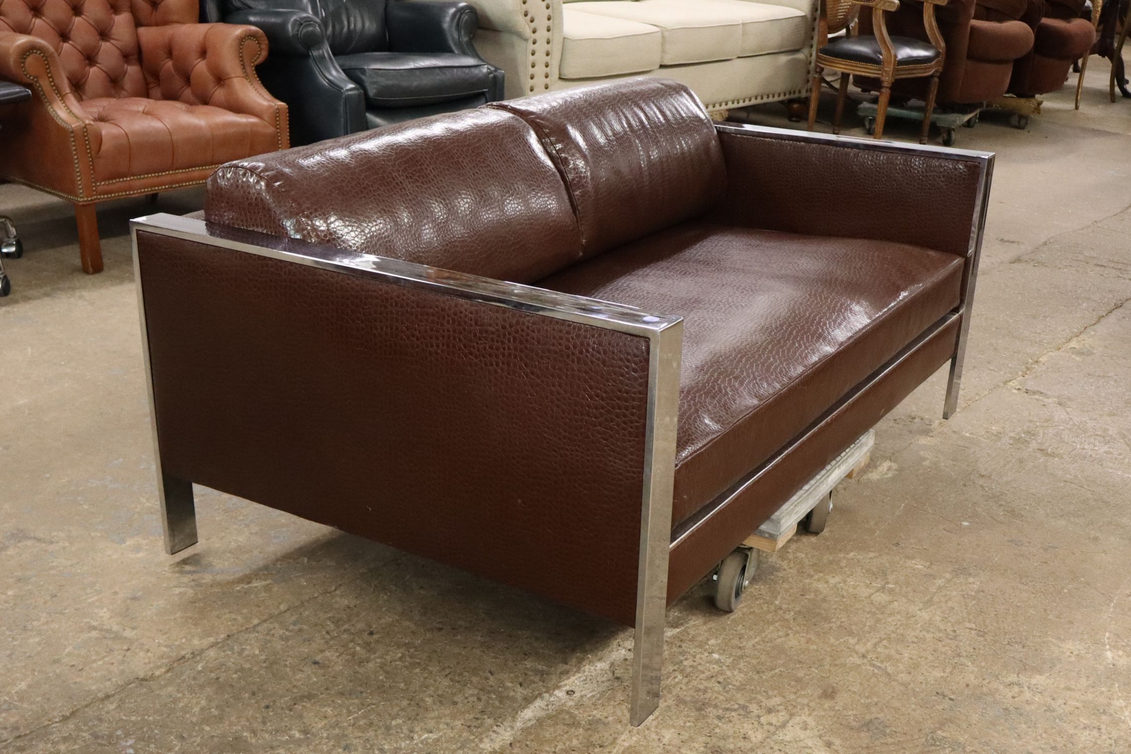 MCM Milo Baughman Style Chrome Ostrich Uph Settee