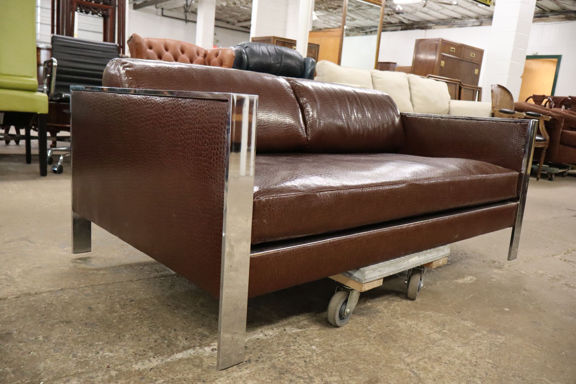 MCM Milo Baughman Style Chrome Ostrich Uph Settee