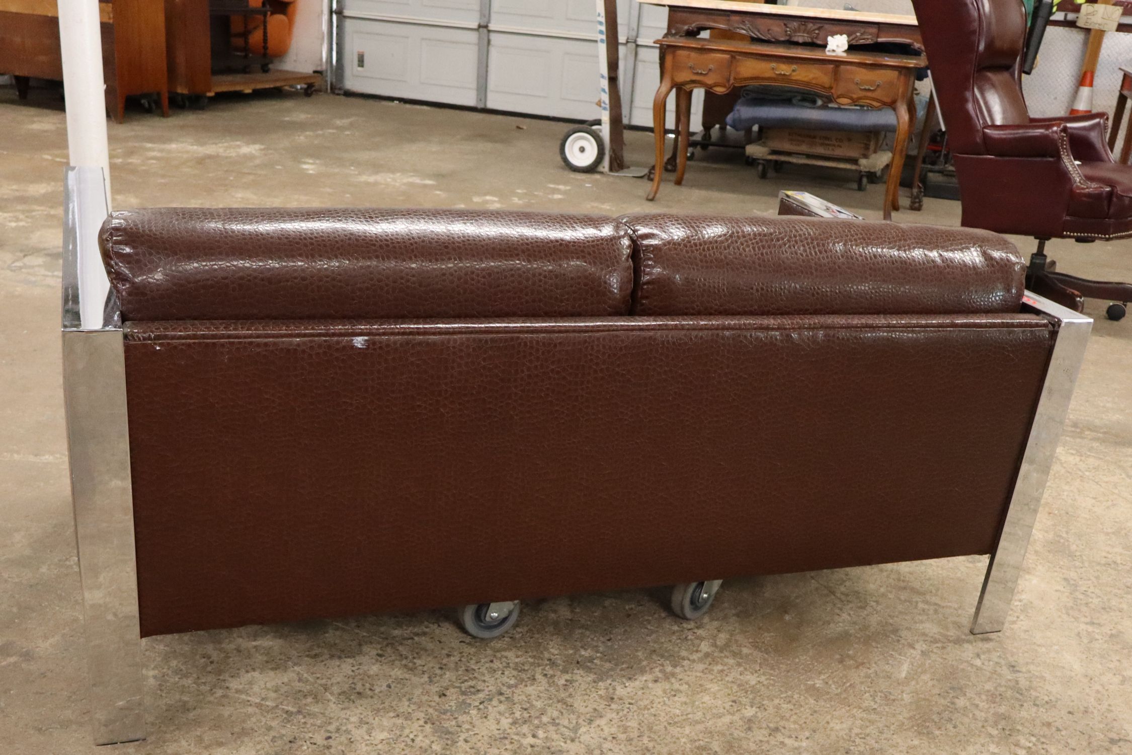 MCM Milo Baughman Style Chrome Ostrich Uph Settee