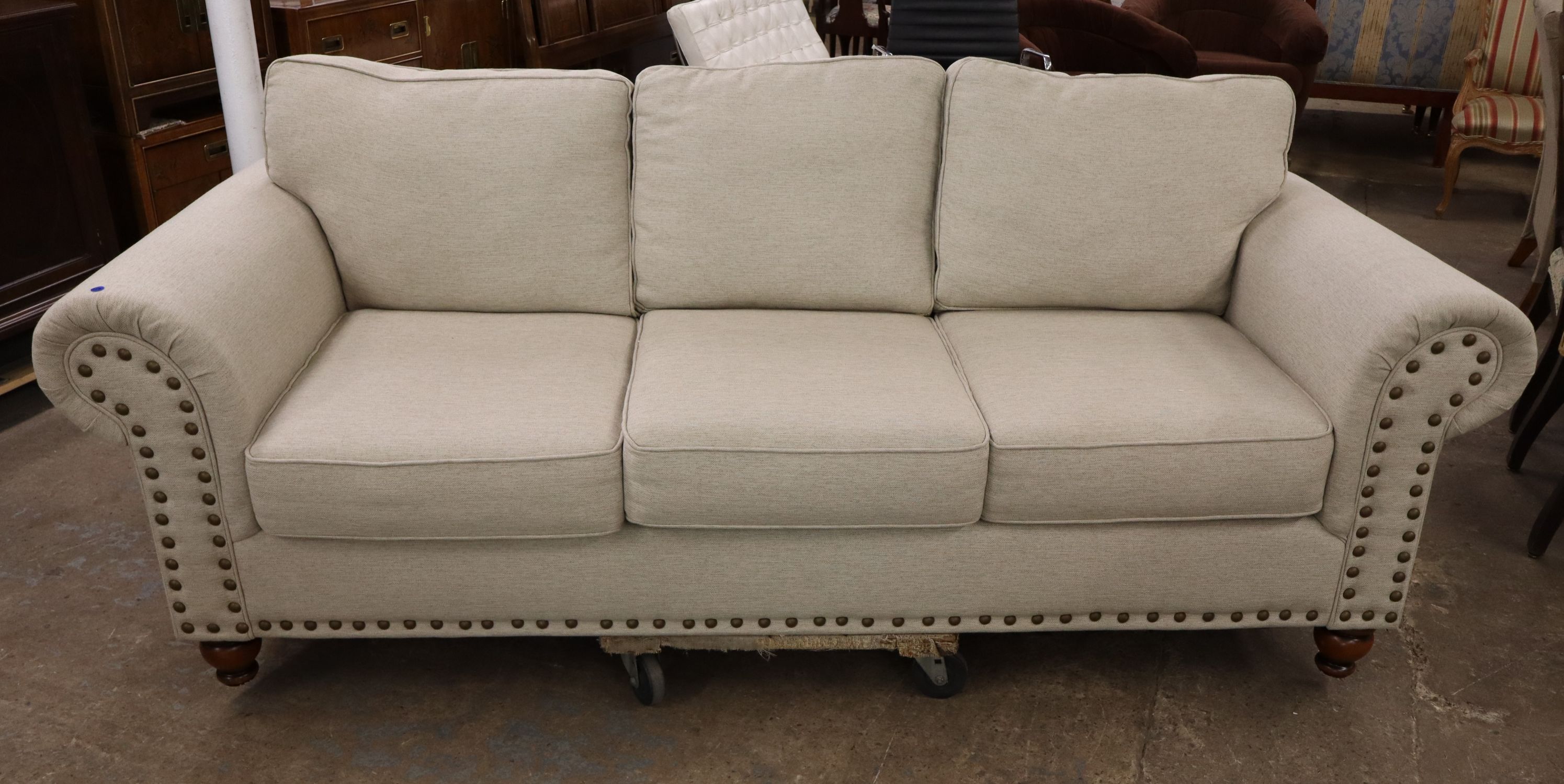 Like NEW 3-Cushion Tweed Decor Sofa w/Tack Trim