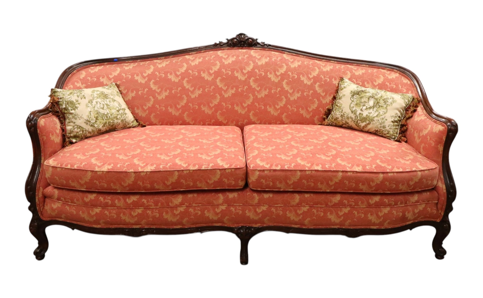 Antique 2 cushion French style mahogany framed sofa with floral upholstery