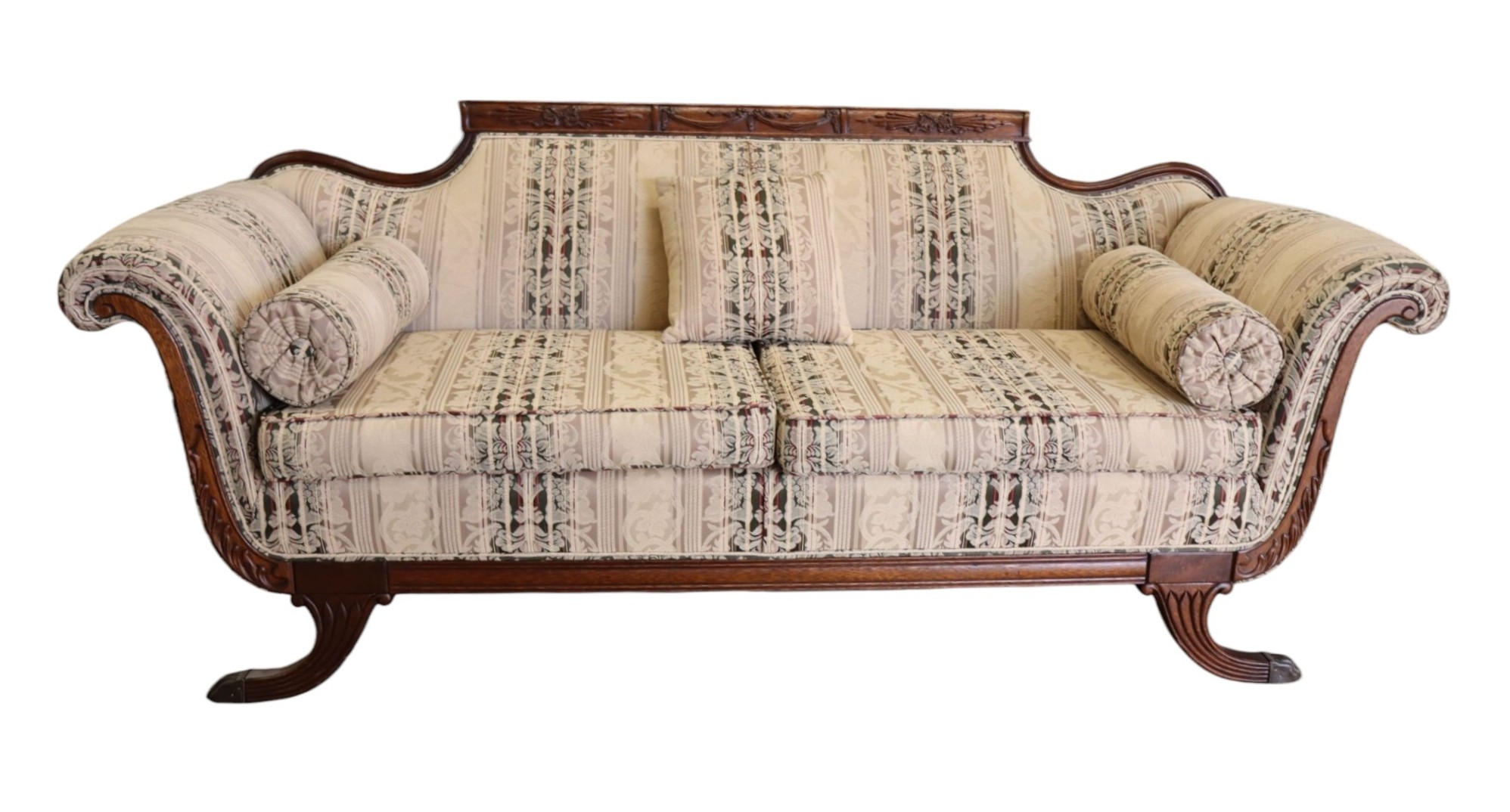 Antq FR Mahog Frame 2-Cushion Floral Uph Sofa