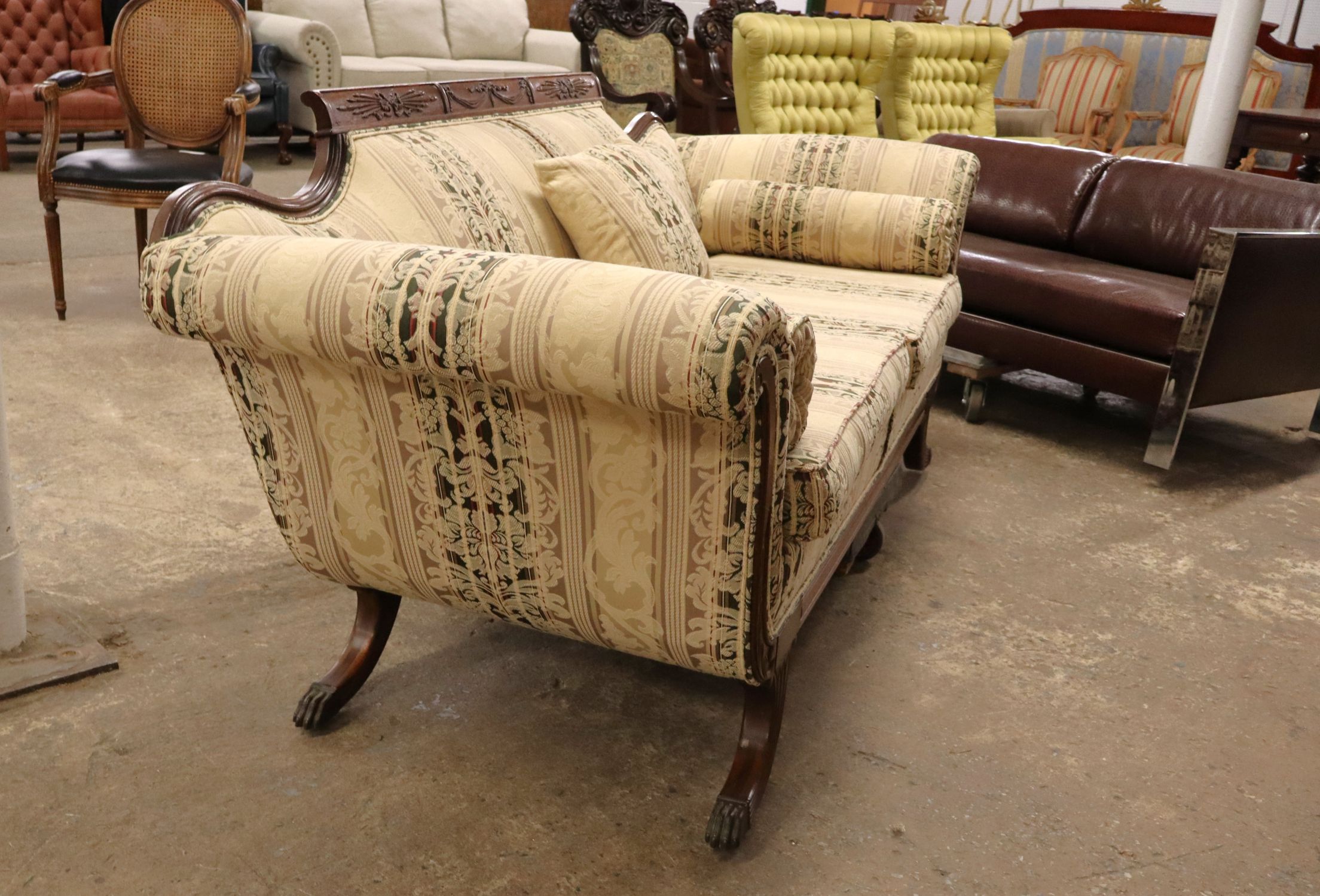 Antq FR Mahog Frame 2-Cushion Floral Uph Sofa