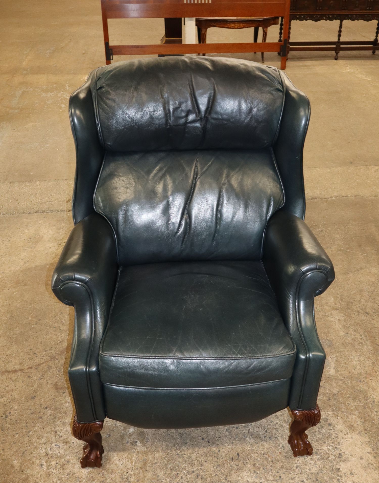 VTG Robb & Stucky Green Leather Claw Foot Recliner