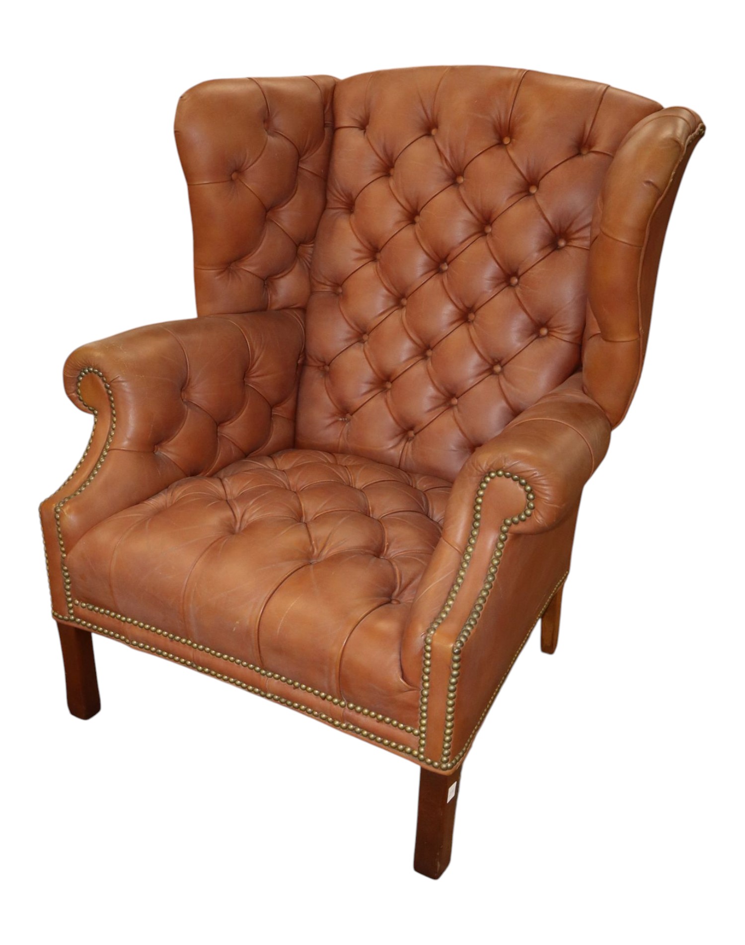 Chippendale Saddle Brown Tufted Leather Wing Chair