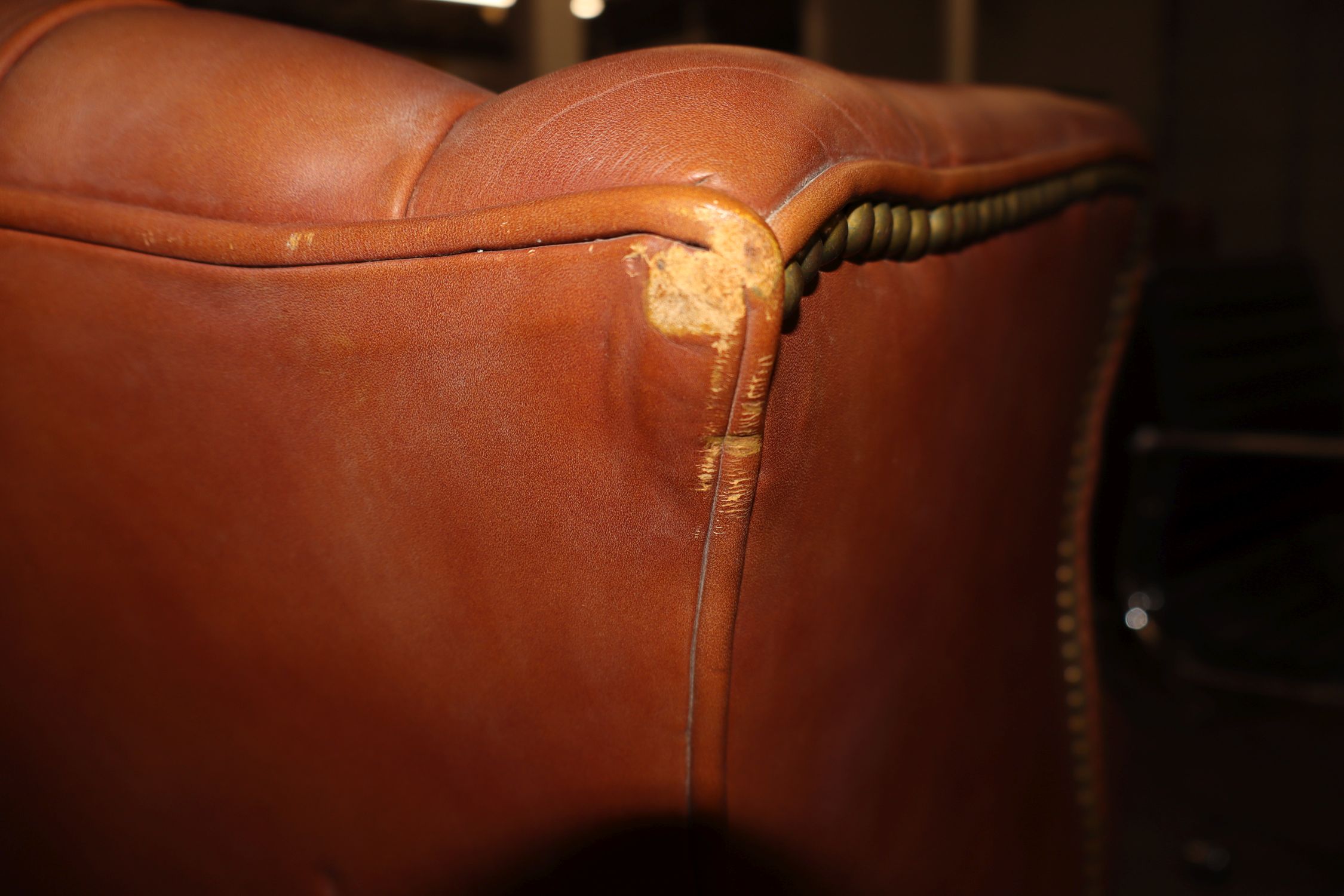 Chippendale Saddle Brown Tufted Leather Wing Chair