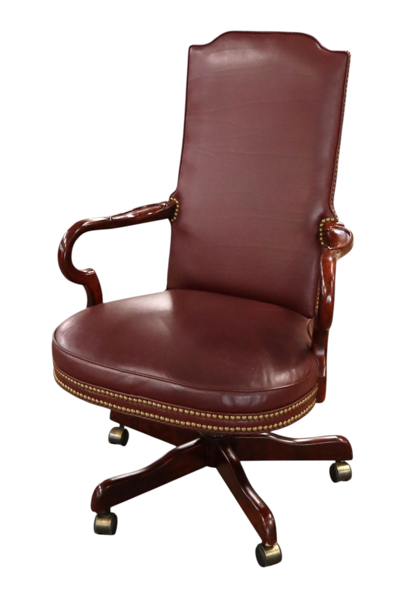 Century Mahog Leather Scroll Arm Swivel Office Chair