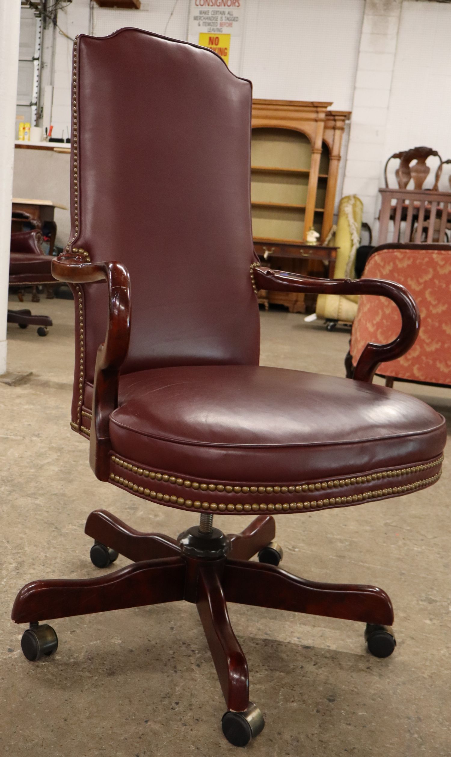 Century Mahog Leather Scroll Arm Swivel Office Chair