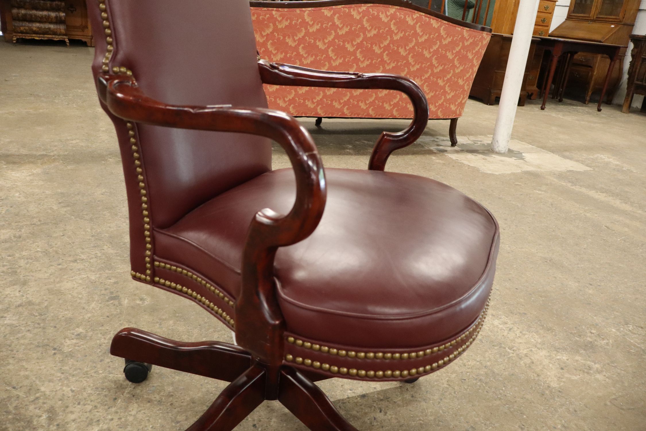 Century Mahog Leather Scroll Arm Swivel Office Chair