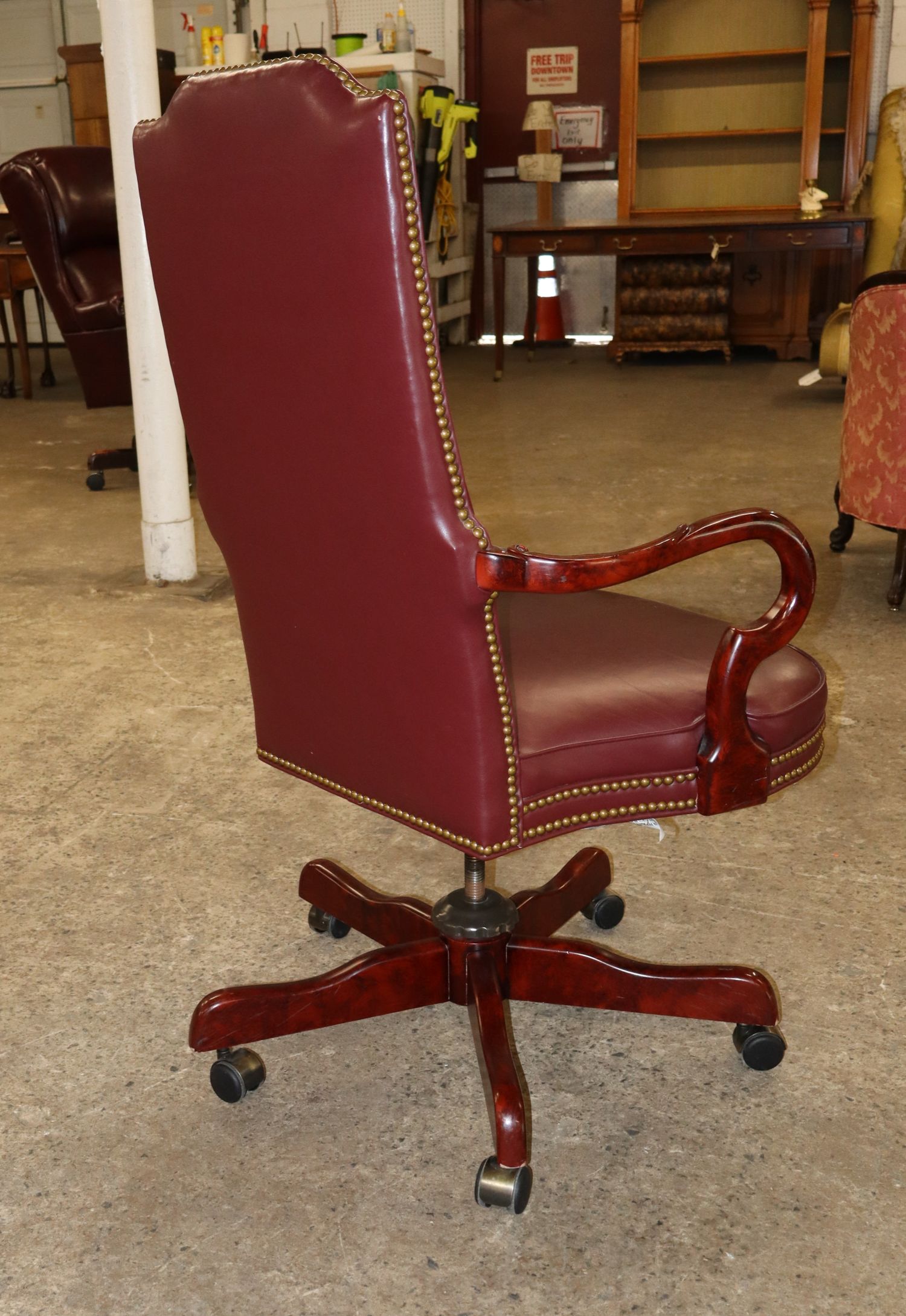 Century Mahog Leather Scroll Arm Swivel Office Chair