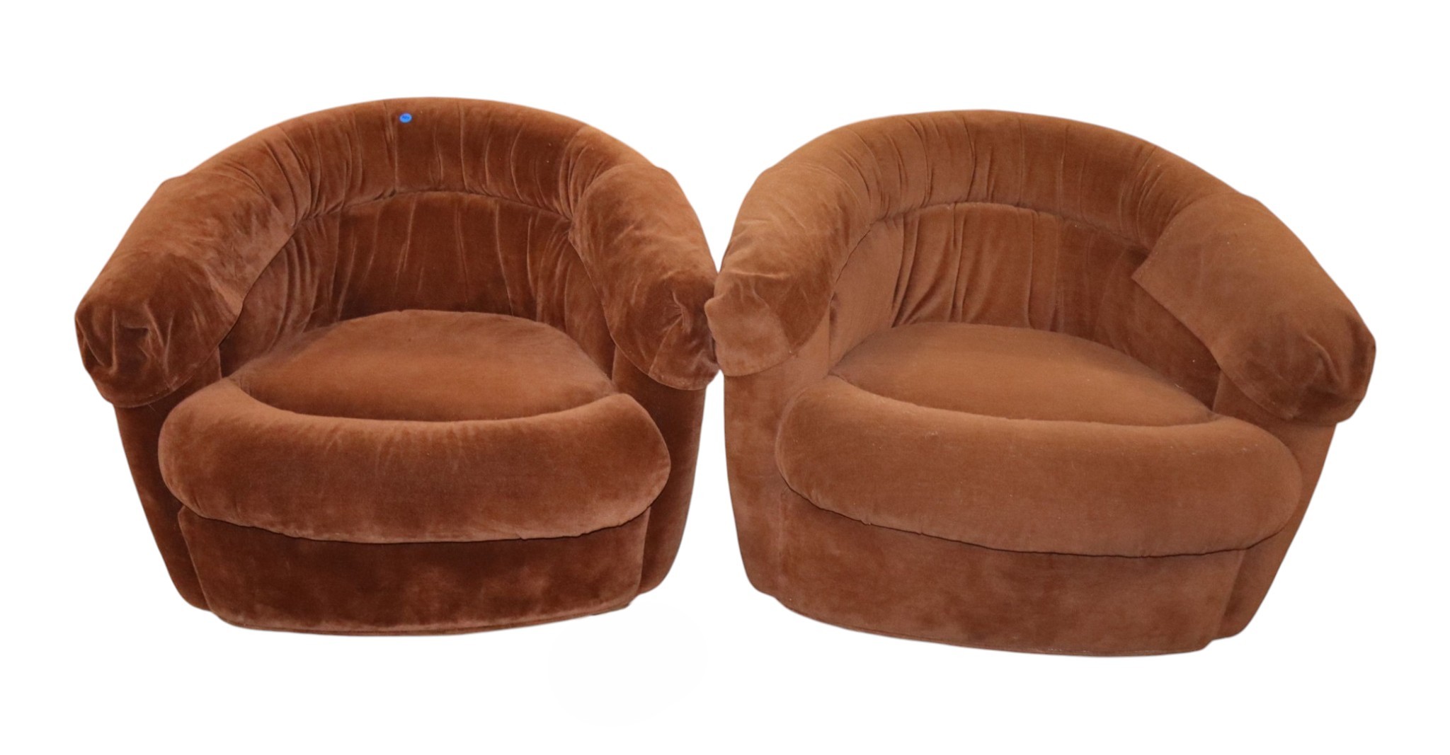 Pr VTG Modern Design Brown Velour Swivel Club Chairs
