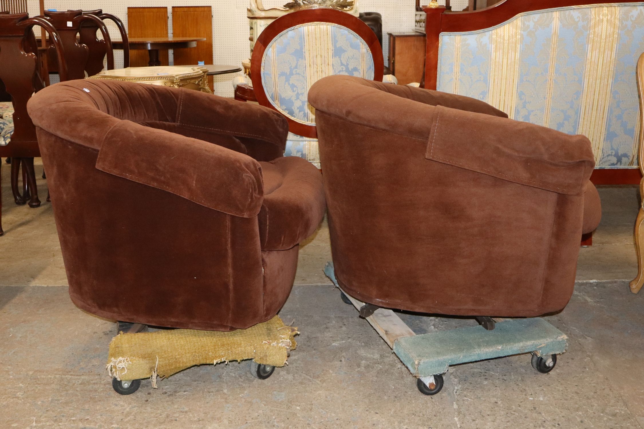 Pr VTG Modern Design Brown Velour Swivel Club Chairs