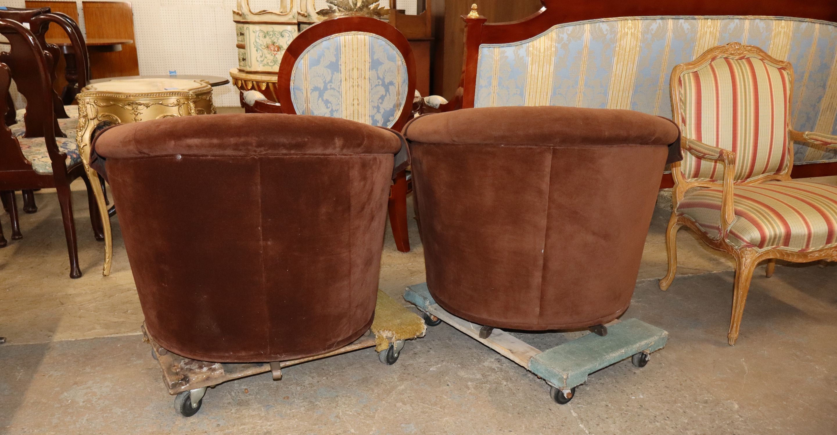 Pr VTG Modern Design Brown Velour Swivel Club Chairs