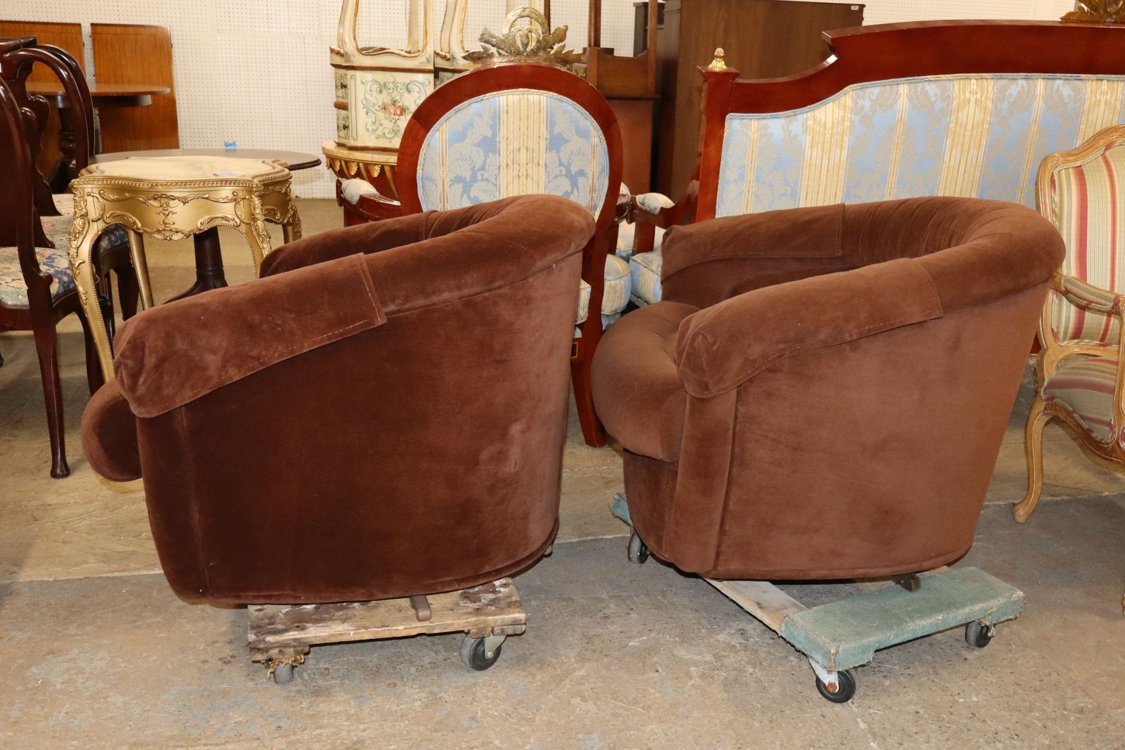 Pr VTG Modern Design Brown Velour Swivel Club Chairs