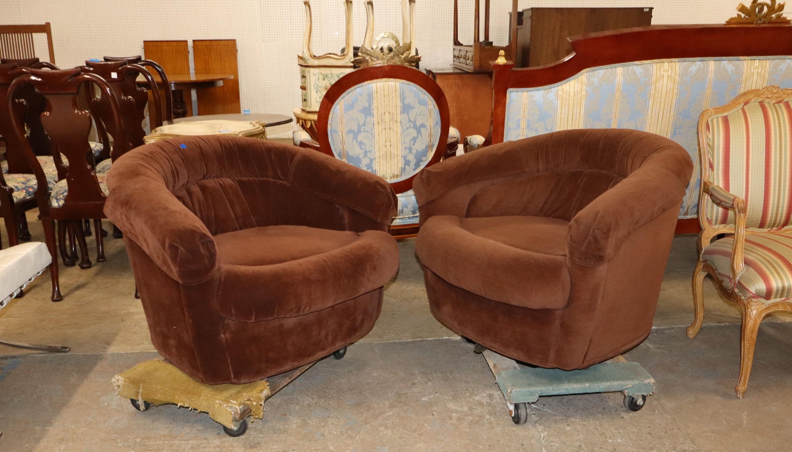 Pr VTG Modern Design Brown Velour Swivel Club Chairs