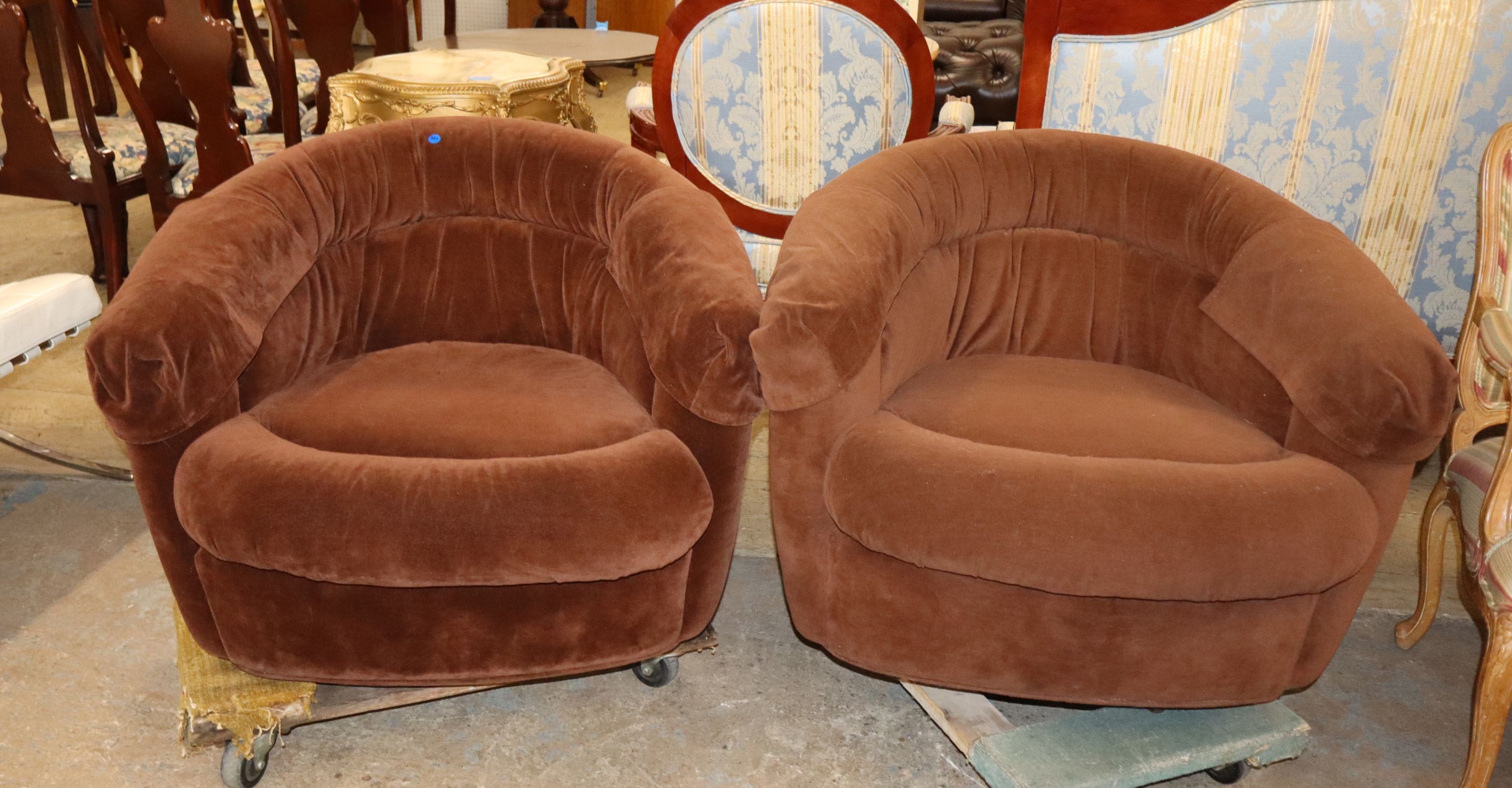 Pr VTG Modern Design Brown Velour Swivel Club Chairs